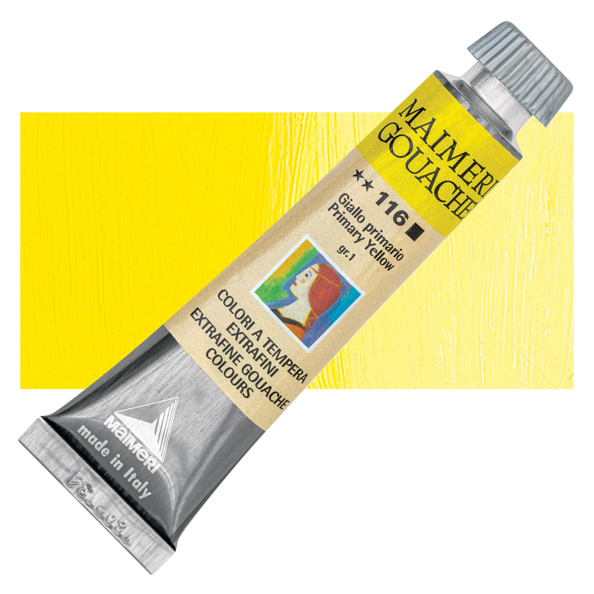 Maimeri Artist Gouache - Primary Yellow, 20 ml tube and swatch