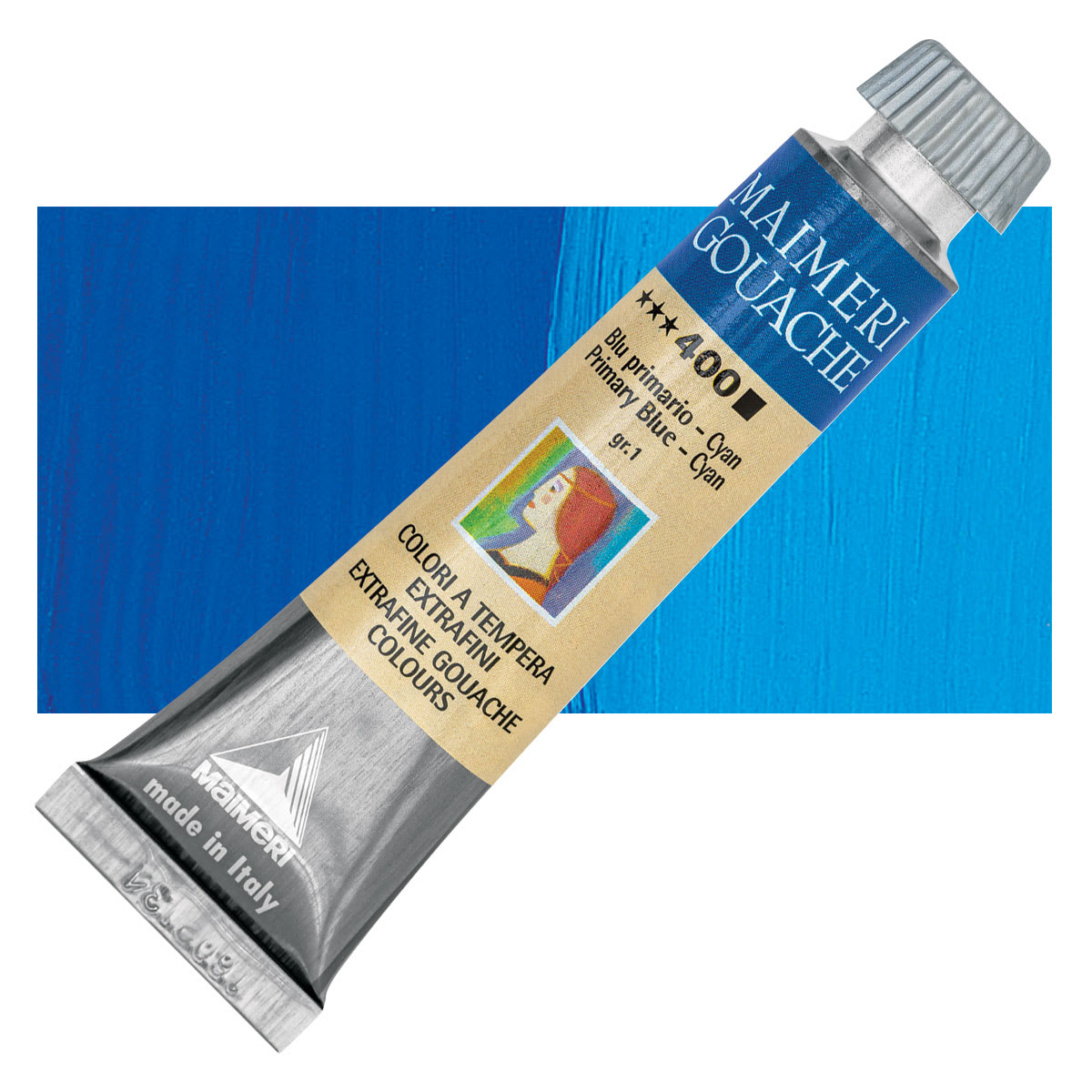 Maimeri Artist Gouache - Primary Blue - Cyan, 20 ml tube and swatch