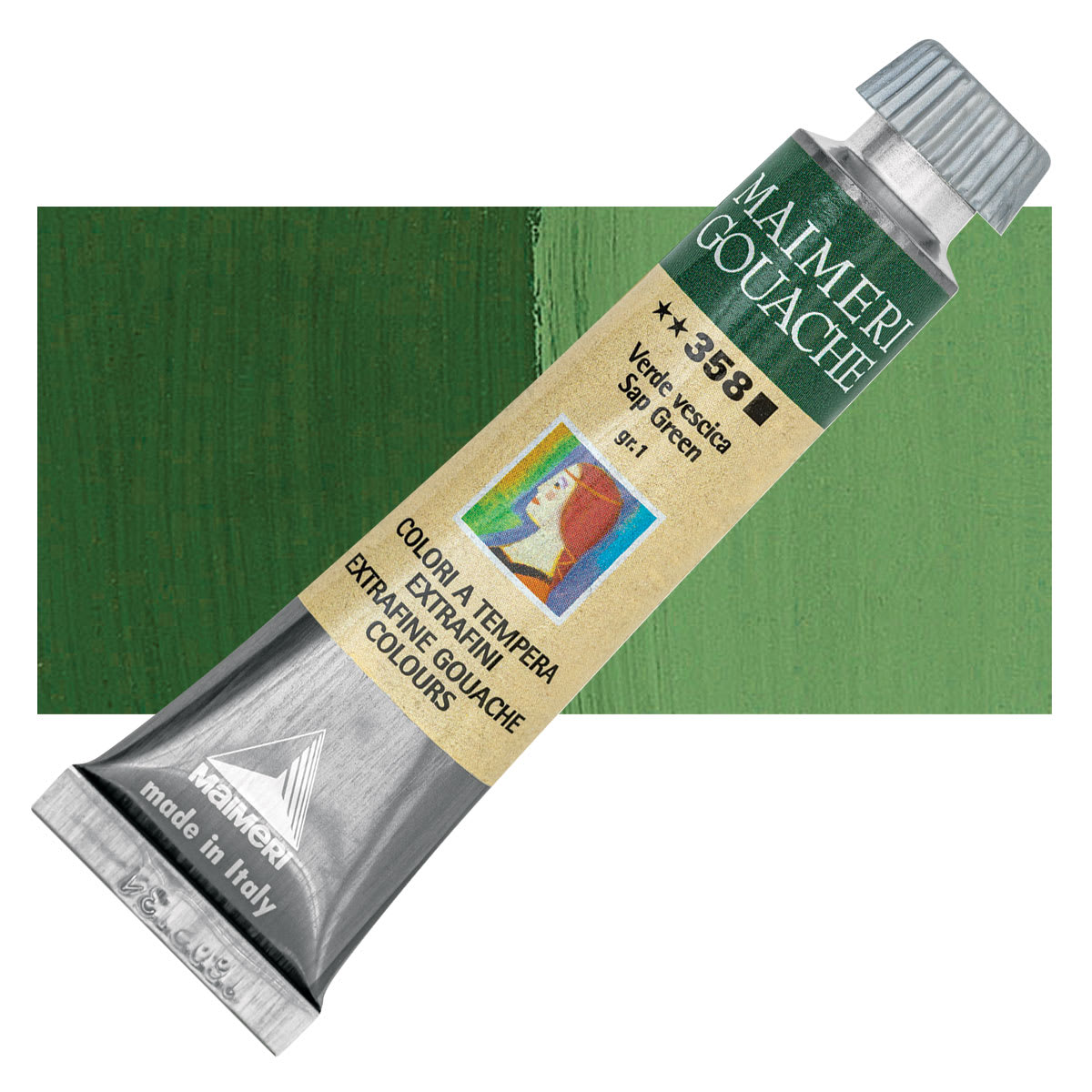 Maimeri Artist Gouache - Sap Green, 20 ml tube and swatch