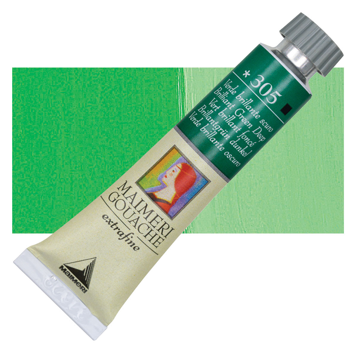 Maimeri Artist Gouache - Brilliant Green Deep, 20 ml tube and swatch