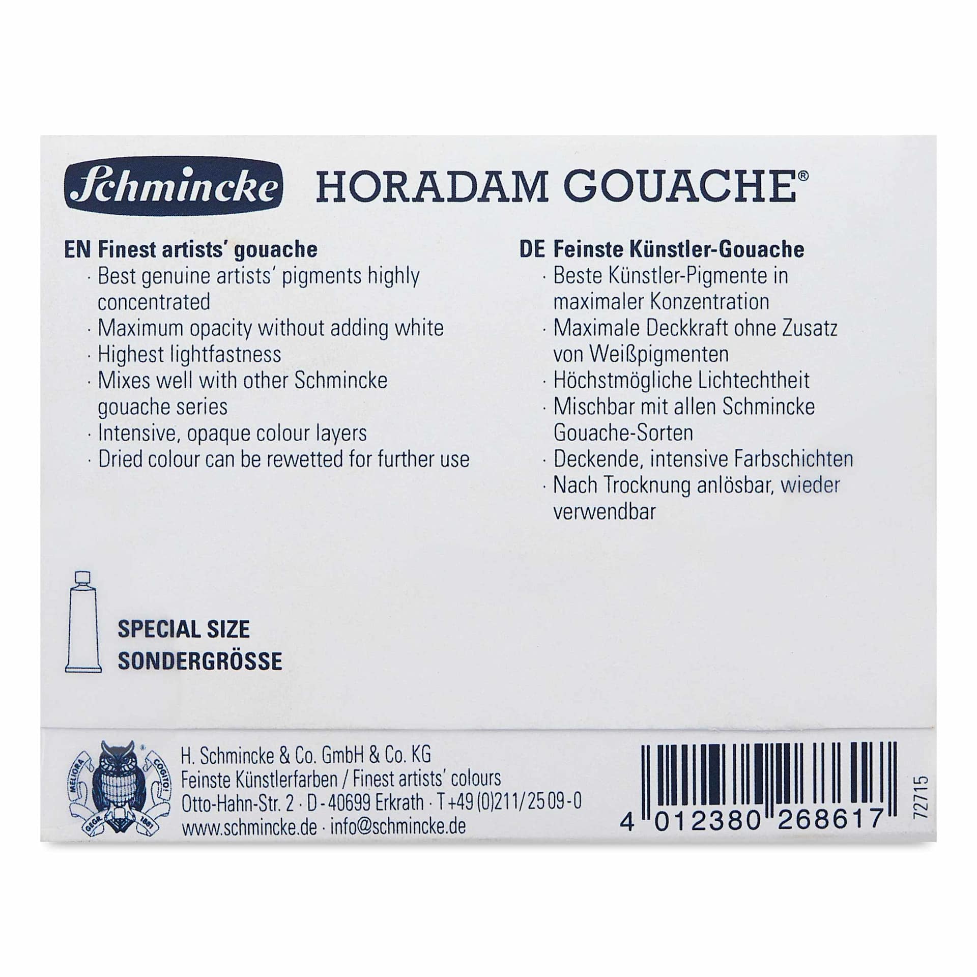 Back of package for BLICK Exclusive, Schmincke Horadam Artist Gouache - Set of 5, 5 ml