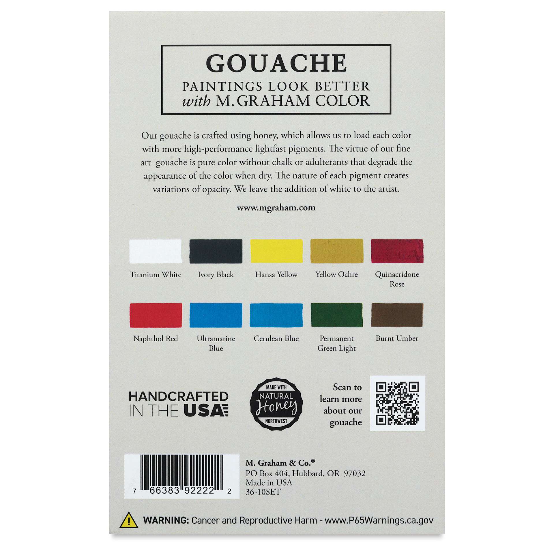 M. Graham Artists' Gouache - Set of 10, Deluxe Set, back of package