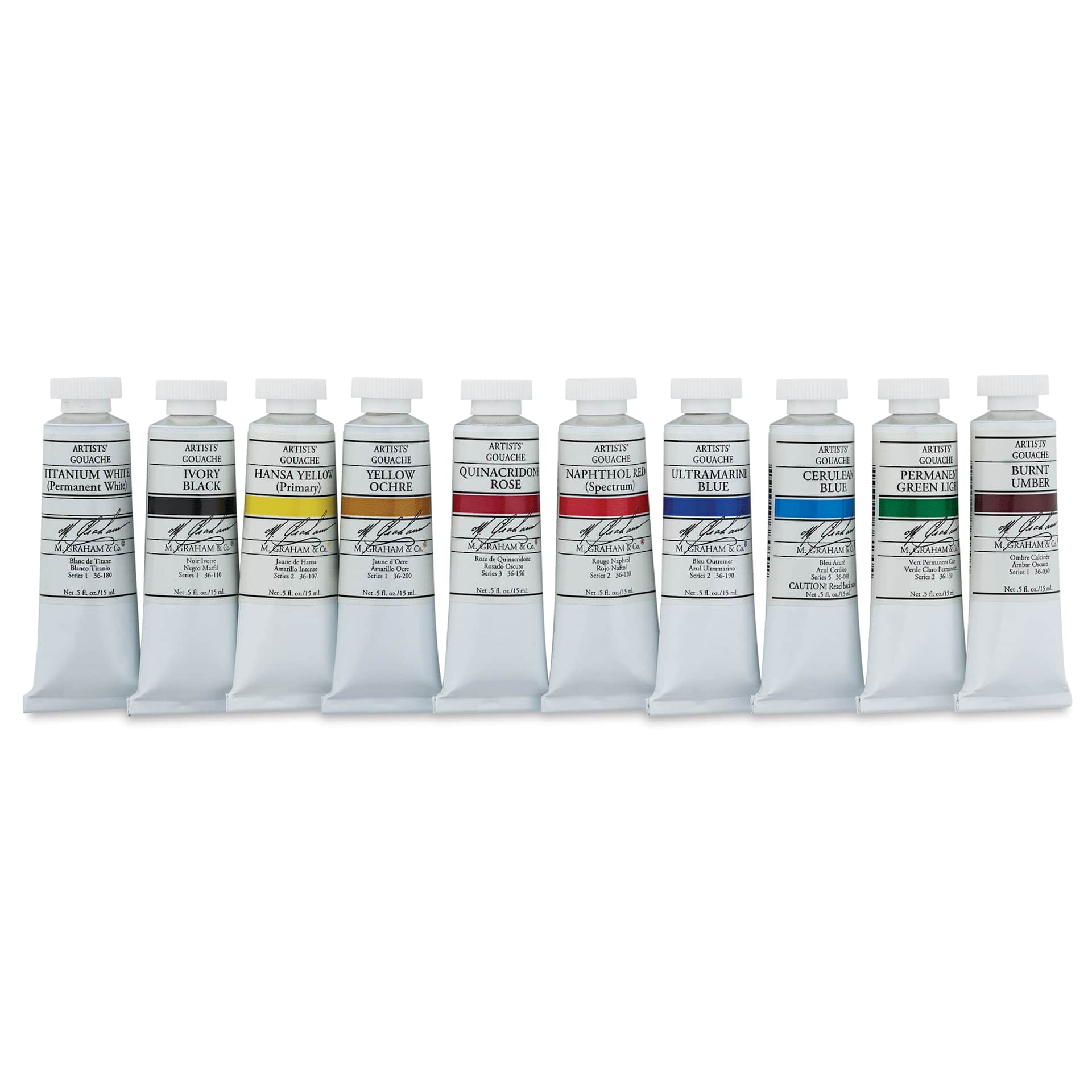 M. Graham Artists' Gouache - Set of 10, Deluxe Set, 15 ml Tubes in a line
