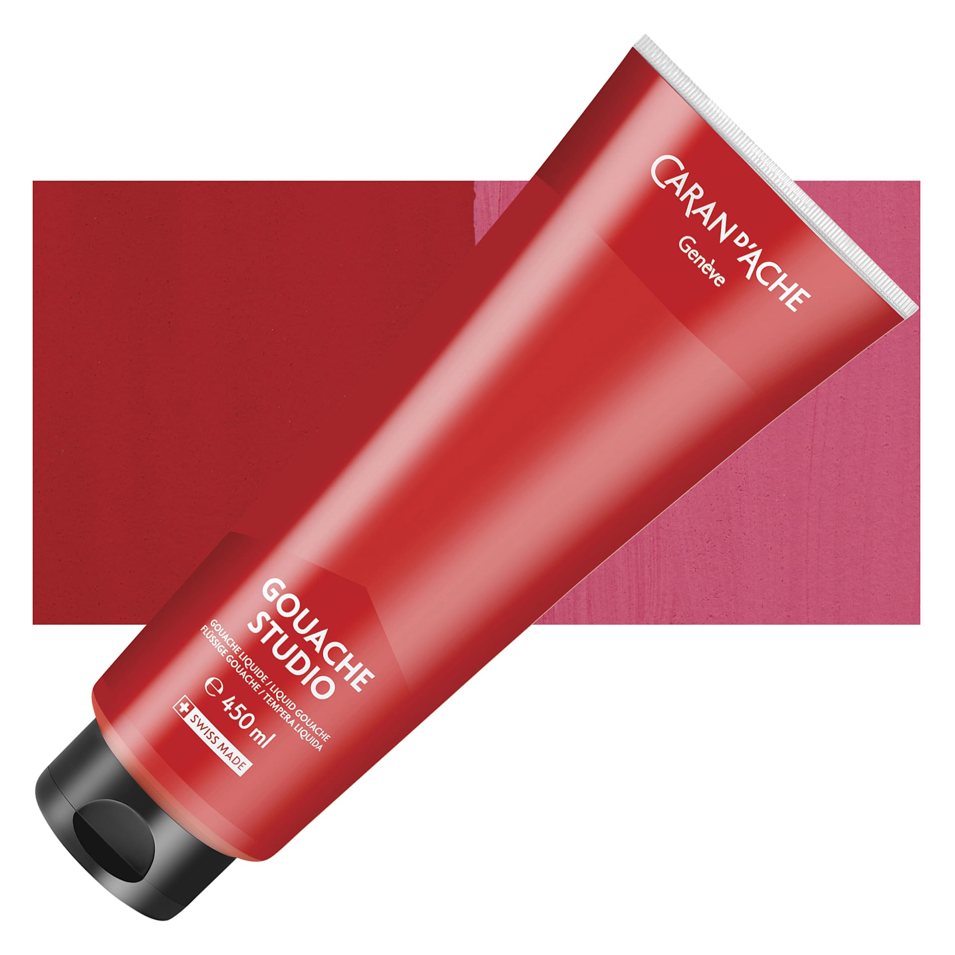 Caran d'Ache Studio Gouache - Scarlet, 450 ml, Tube and swatch