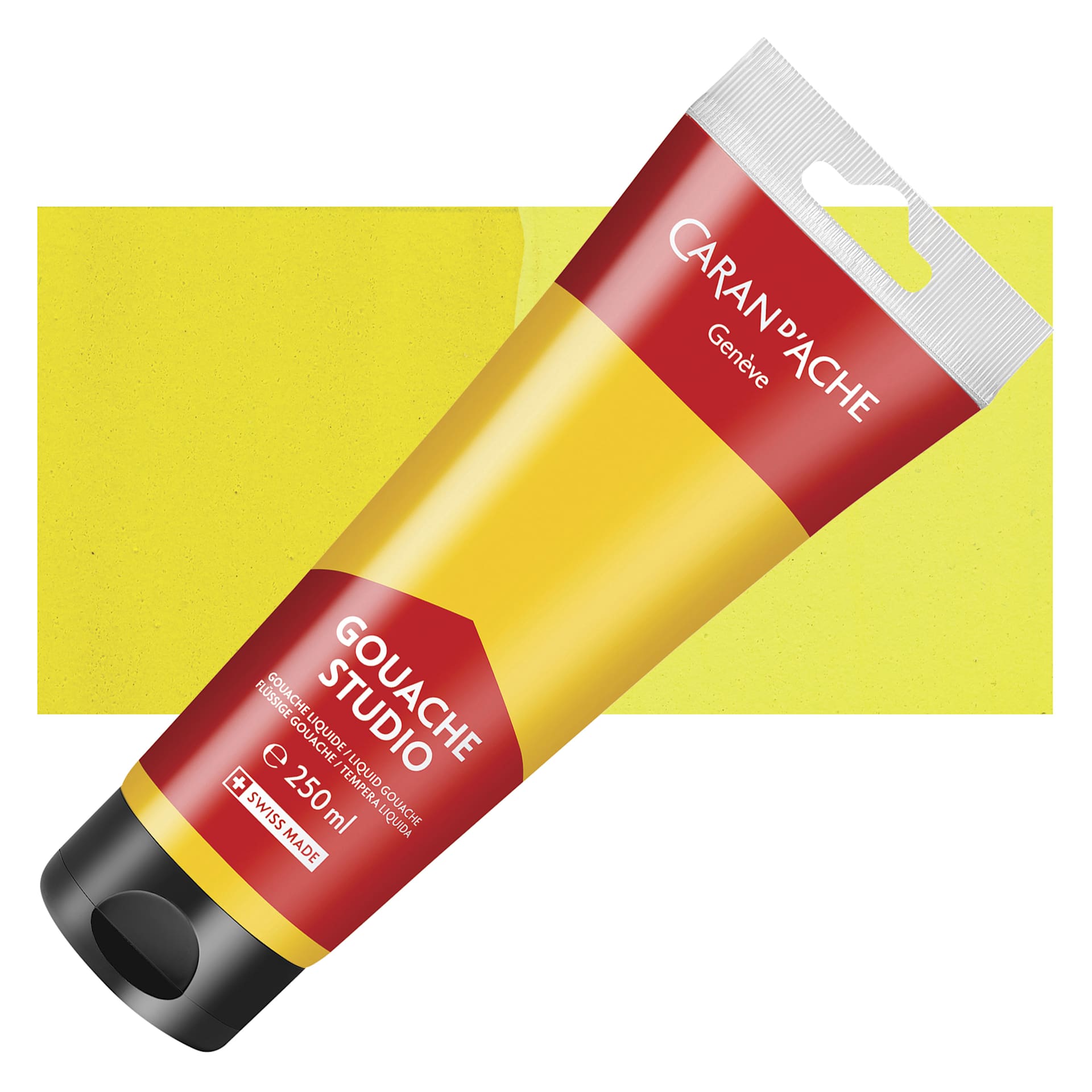 Caran d'Ache Studio Gouache - Primary Yellow, 250 ml, Tube and swatch