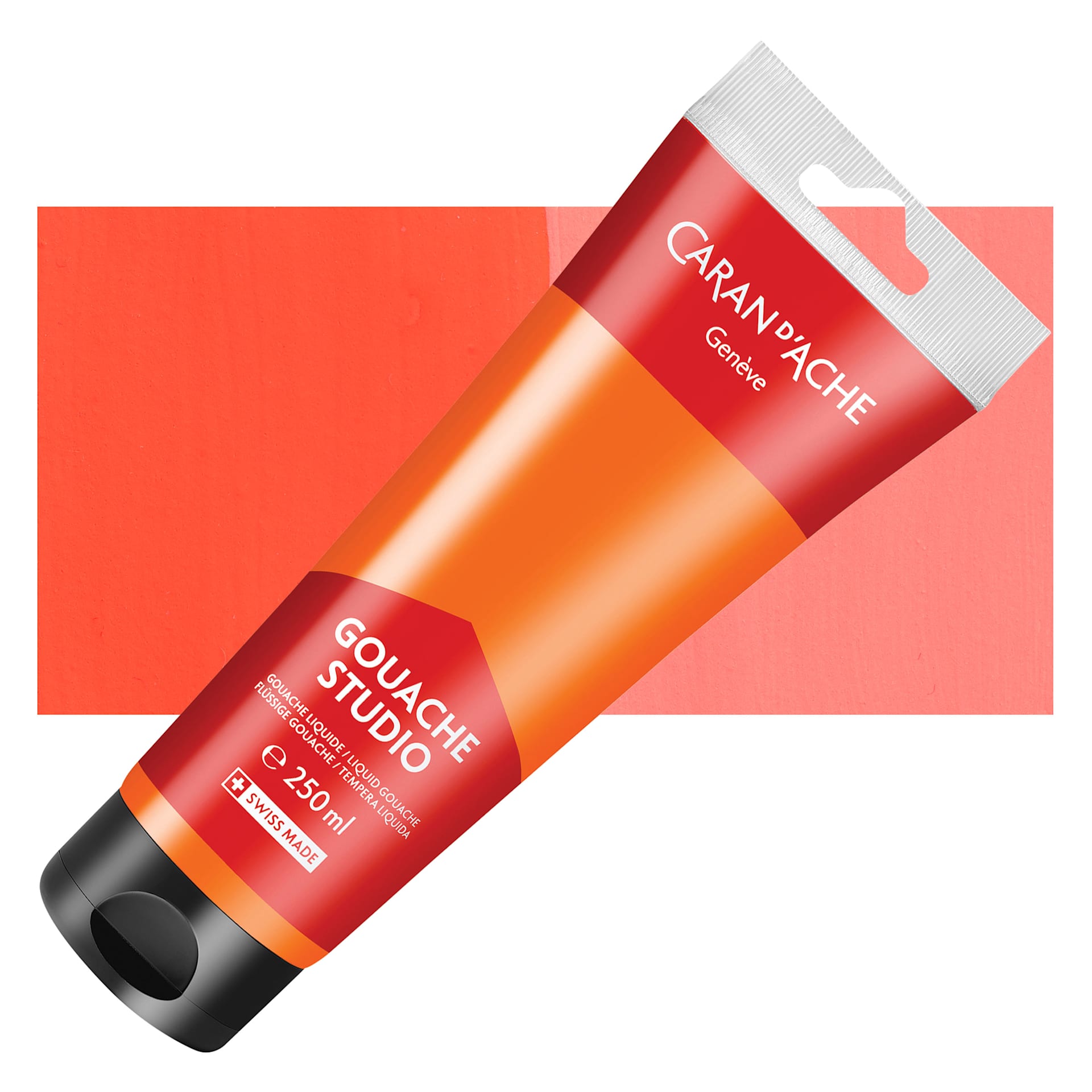 Caran d'Ache Studio Gouache - Fluorescent Orange, 250 ml Tube and swatch