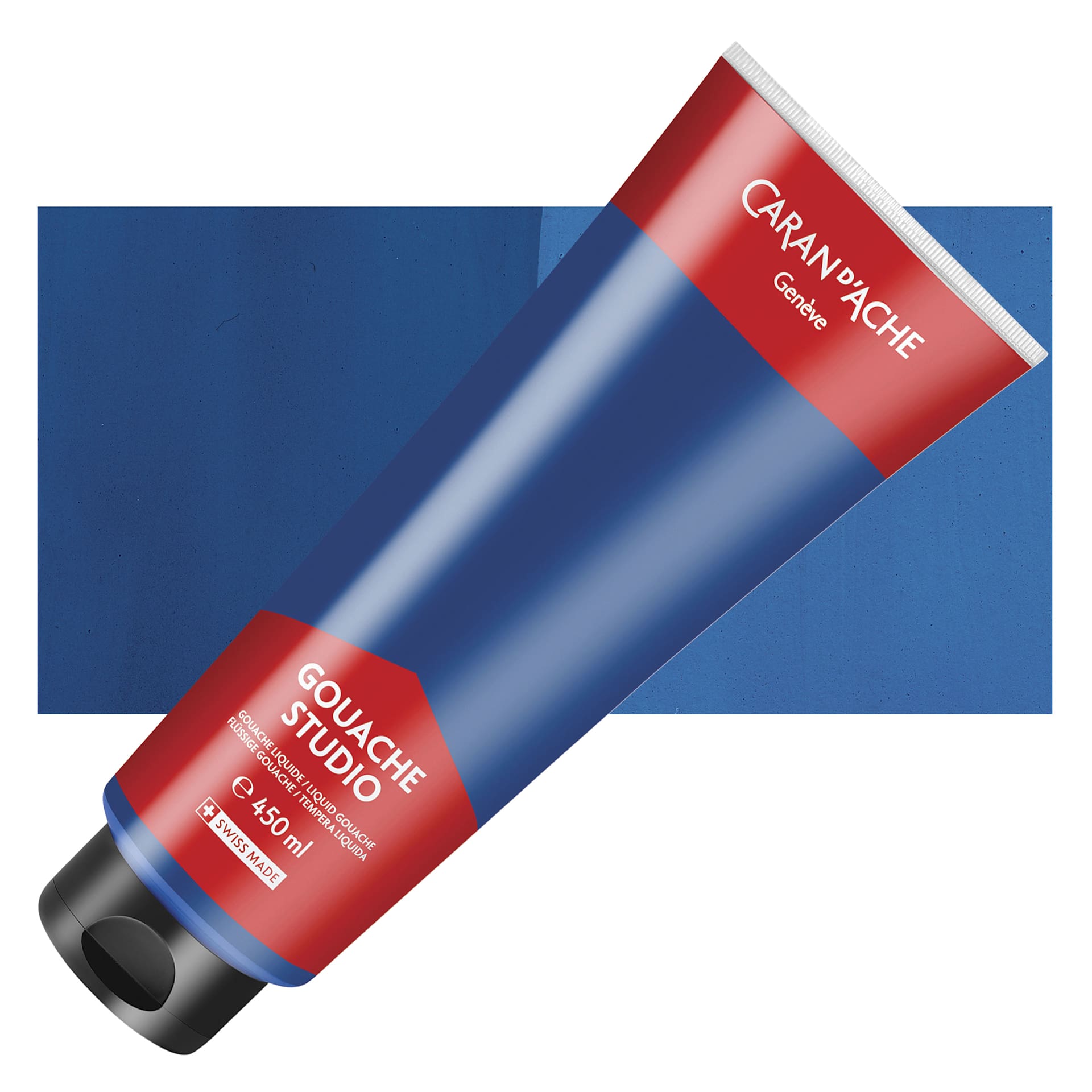 Caran d'Ache Studio Gouache - Cyan, 450 ml, Tube and swatch