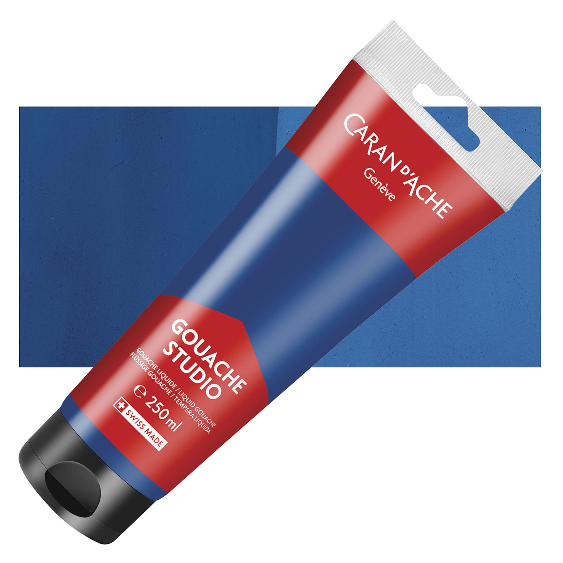 Caran d'Ache Studio Gouache - Cyan, 250 ml, Tube and swatch