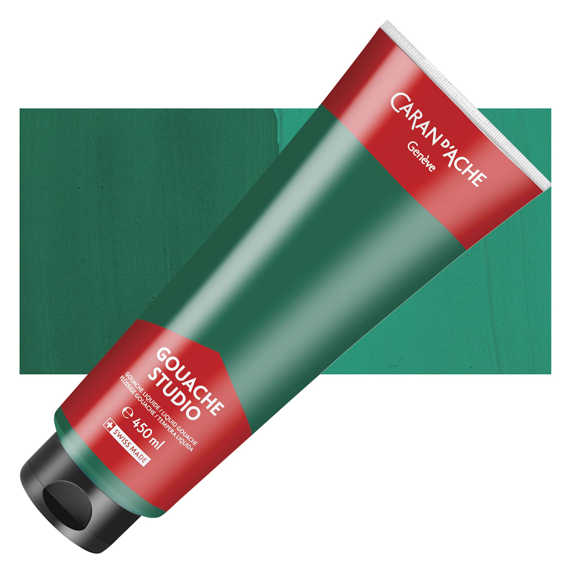 Caran d'Ache Studio Gouache - Emerald Green, 450 ml, Tube and swatch