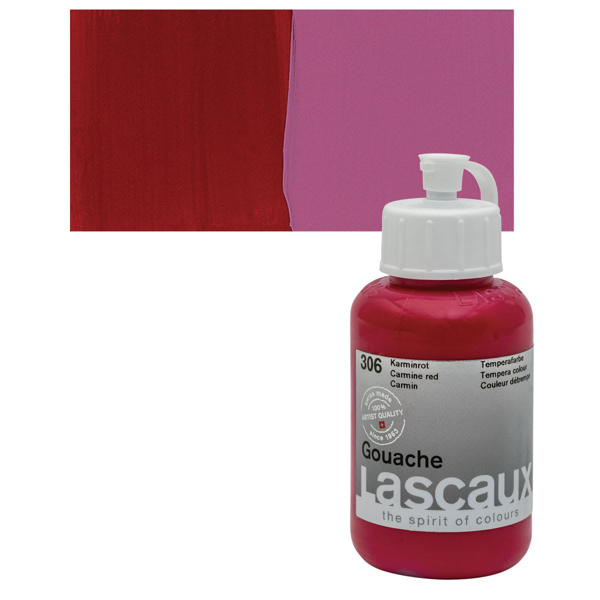 Lascaux Acrylic Gouache - Carmine Red, 85 ml bottle and swatch