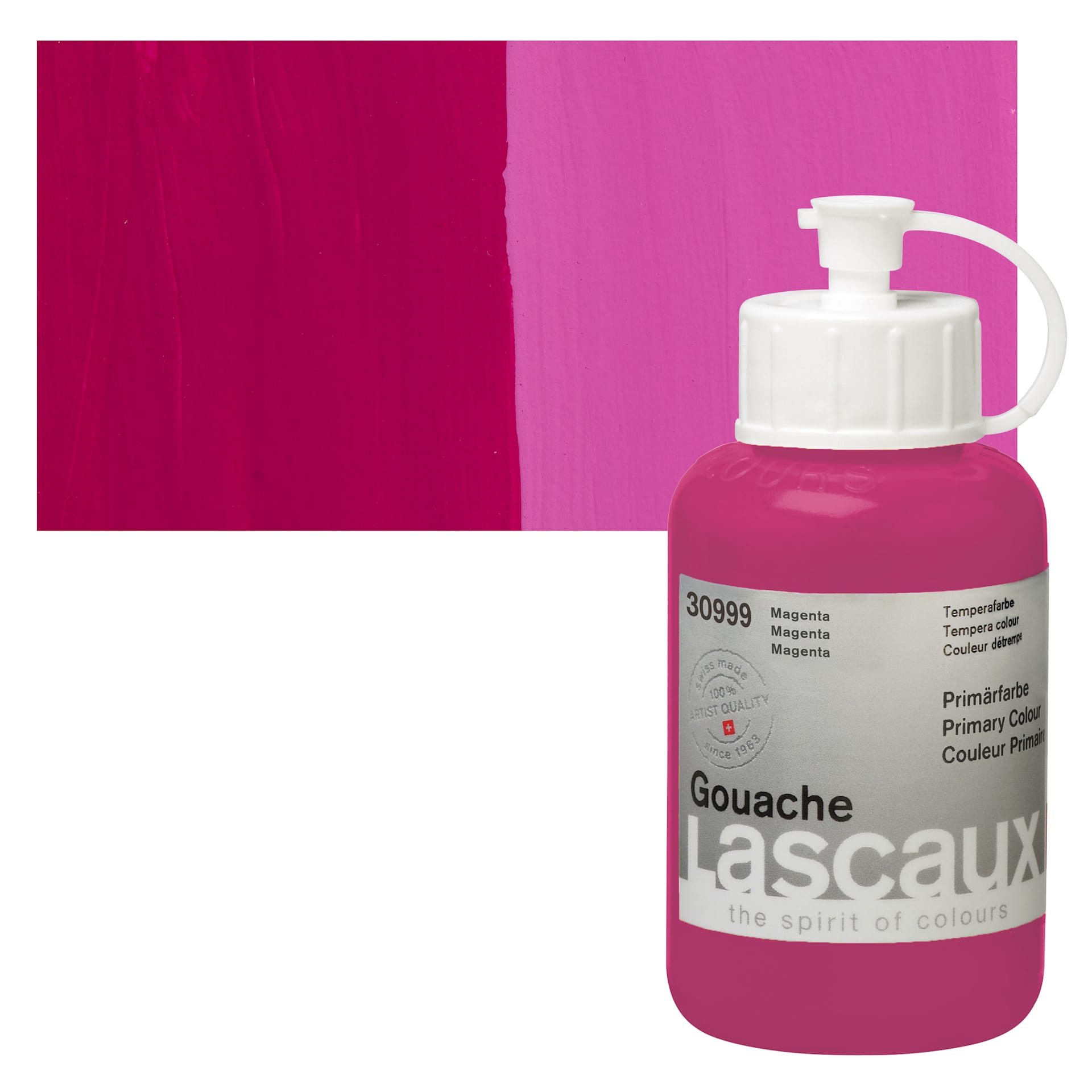 Lascaux Acrylic Gouache - Primary Magenta, 85 ml bottle and swatch