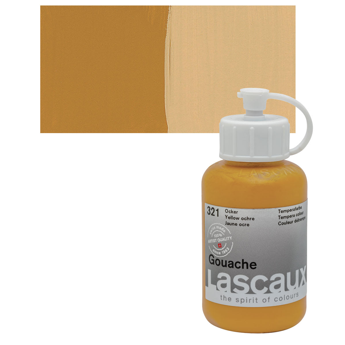 Lascaux Acrylic Gouache - Yellow Ochre, 85 ml bottle and swatch