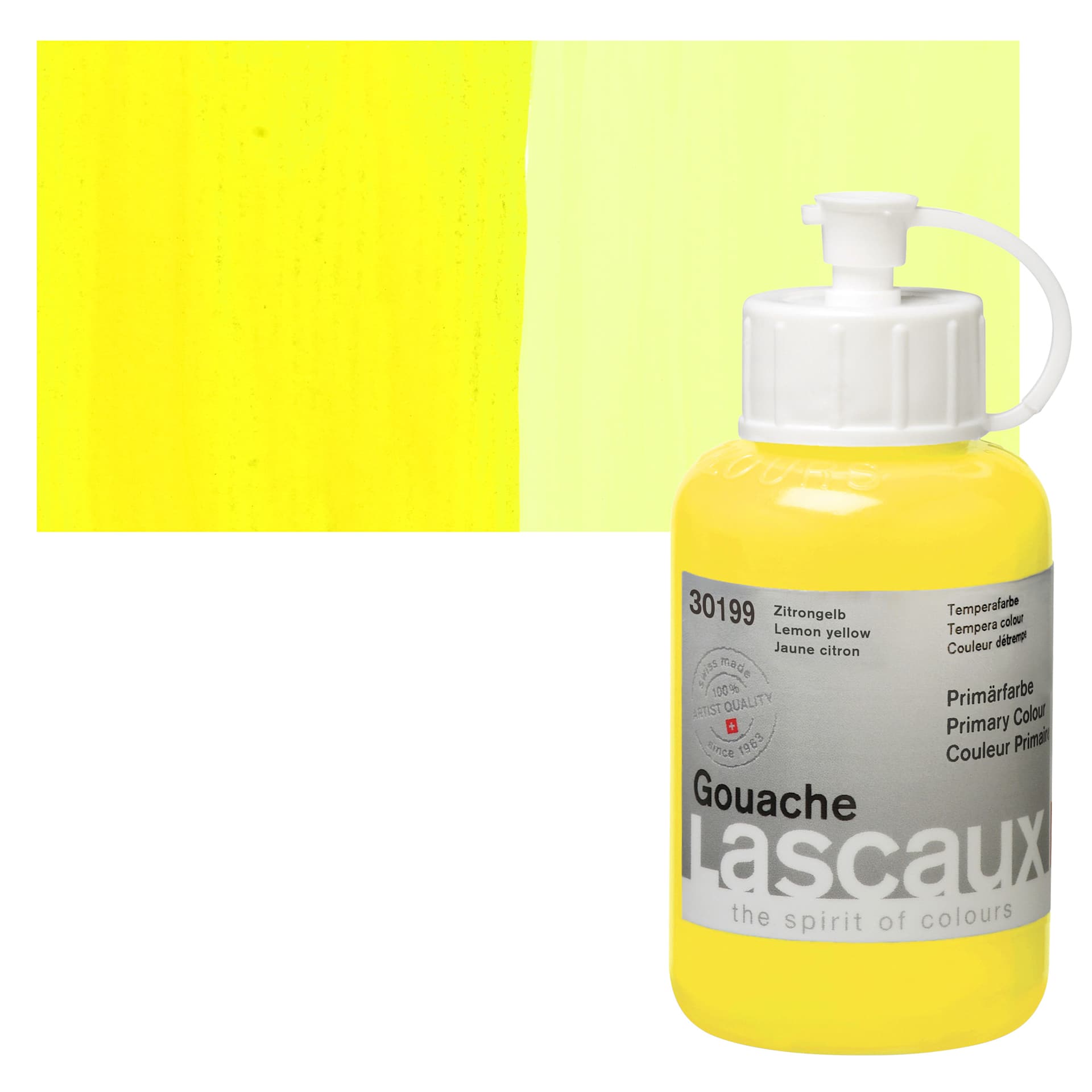 Lascaux Acrylic Gouache - Primary Yellow, 85 ml bottle and swatch