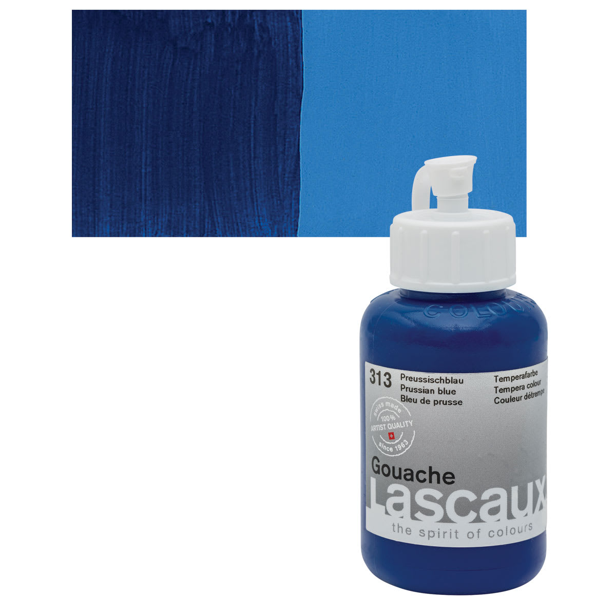 Lascaux Acrylic Gouache - Prussian Blue, 85 ml bottle and swatch