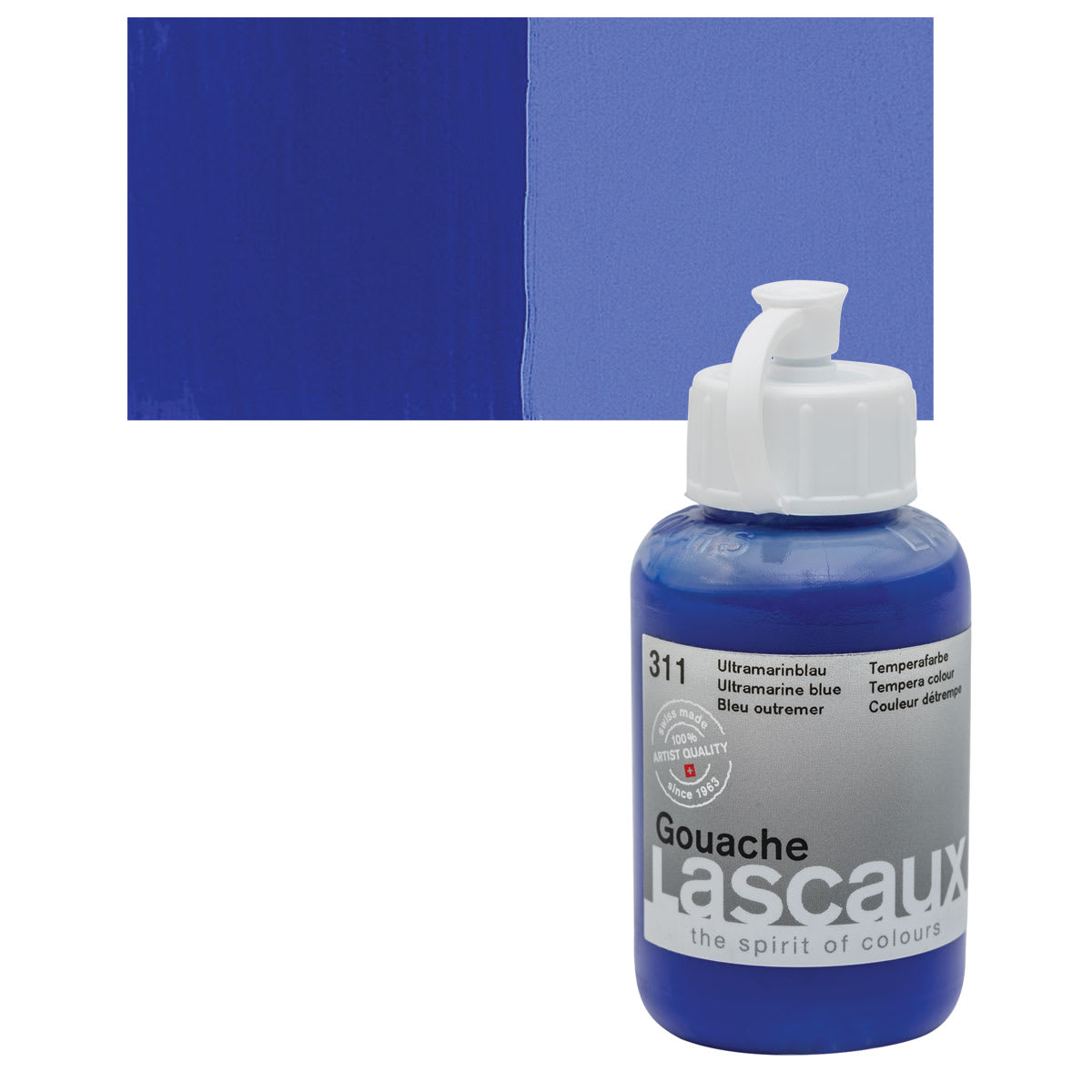 Lascaux Acrylic Gouache - Ultramarine Blue, 85 ml bottle and swatch