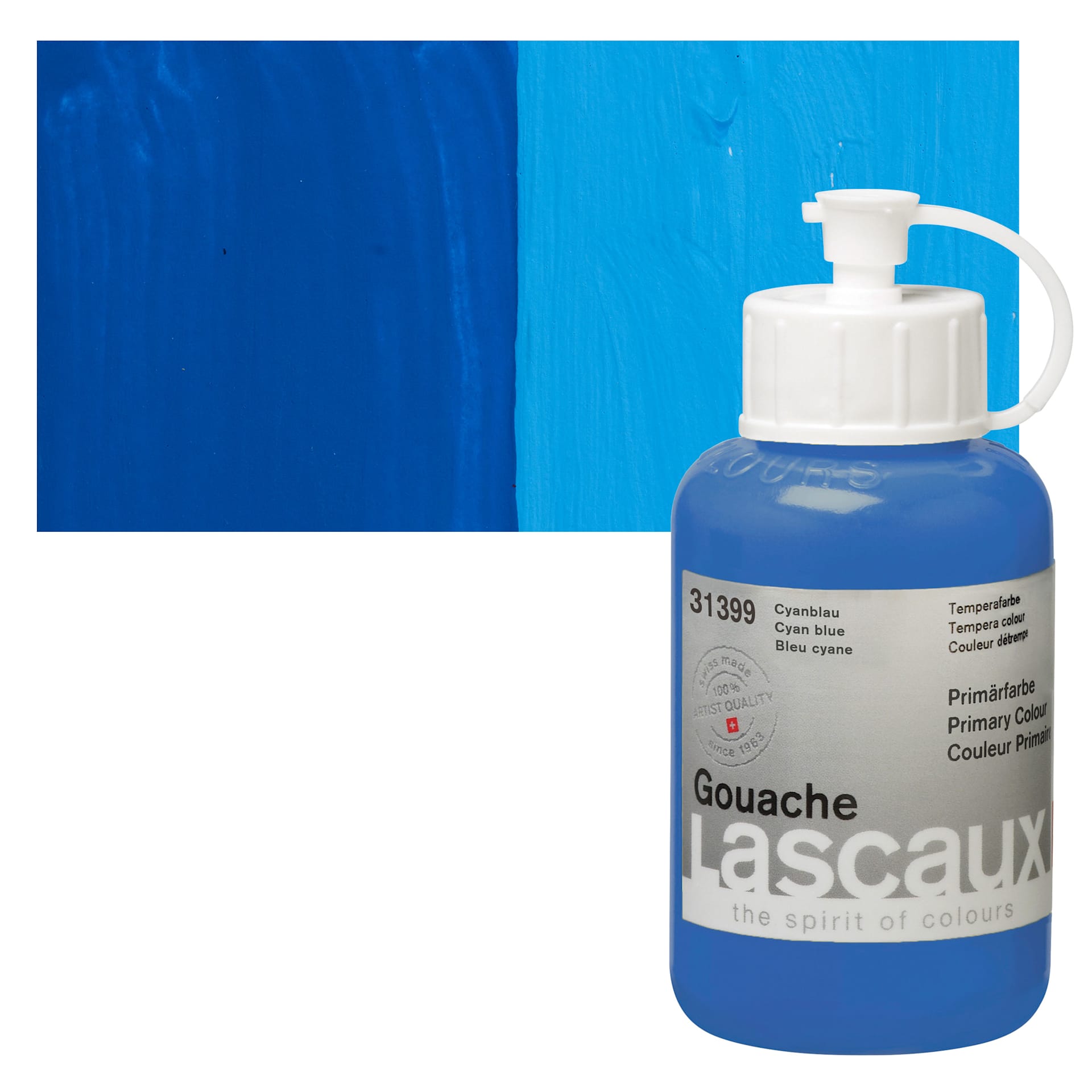 Lascaux Acrylic Gouache - Primary Cyan, 85 ml bottle and swatch