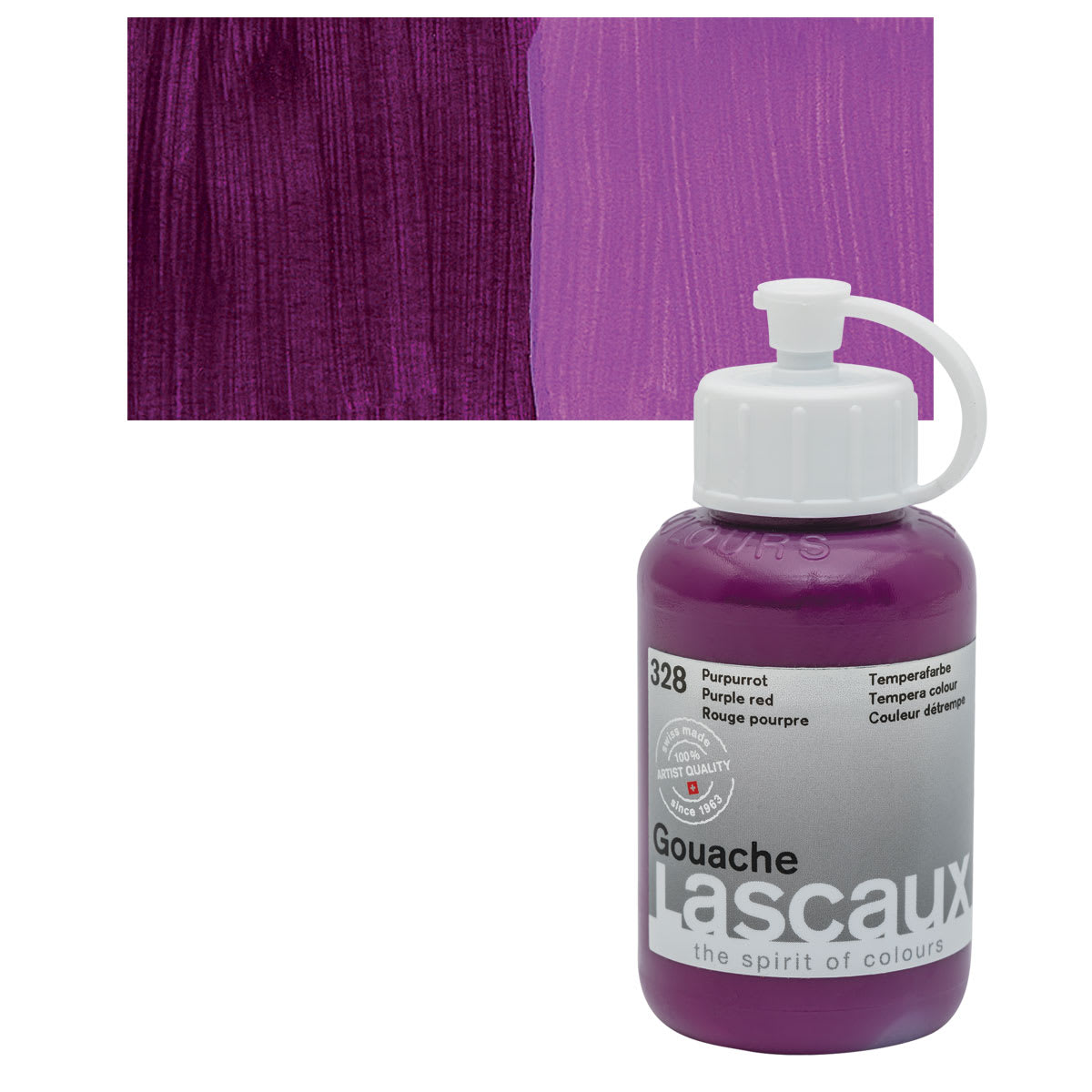 Lascaux Acrylic Gouache - Purple Red, 85 ml bottle and swatch