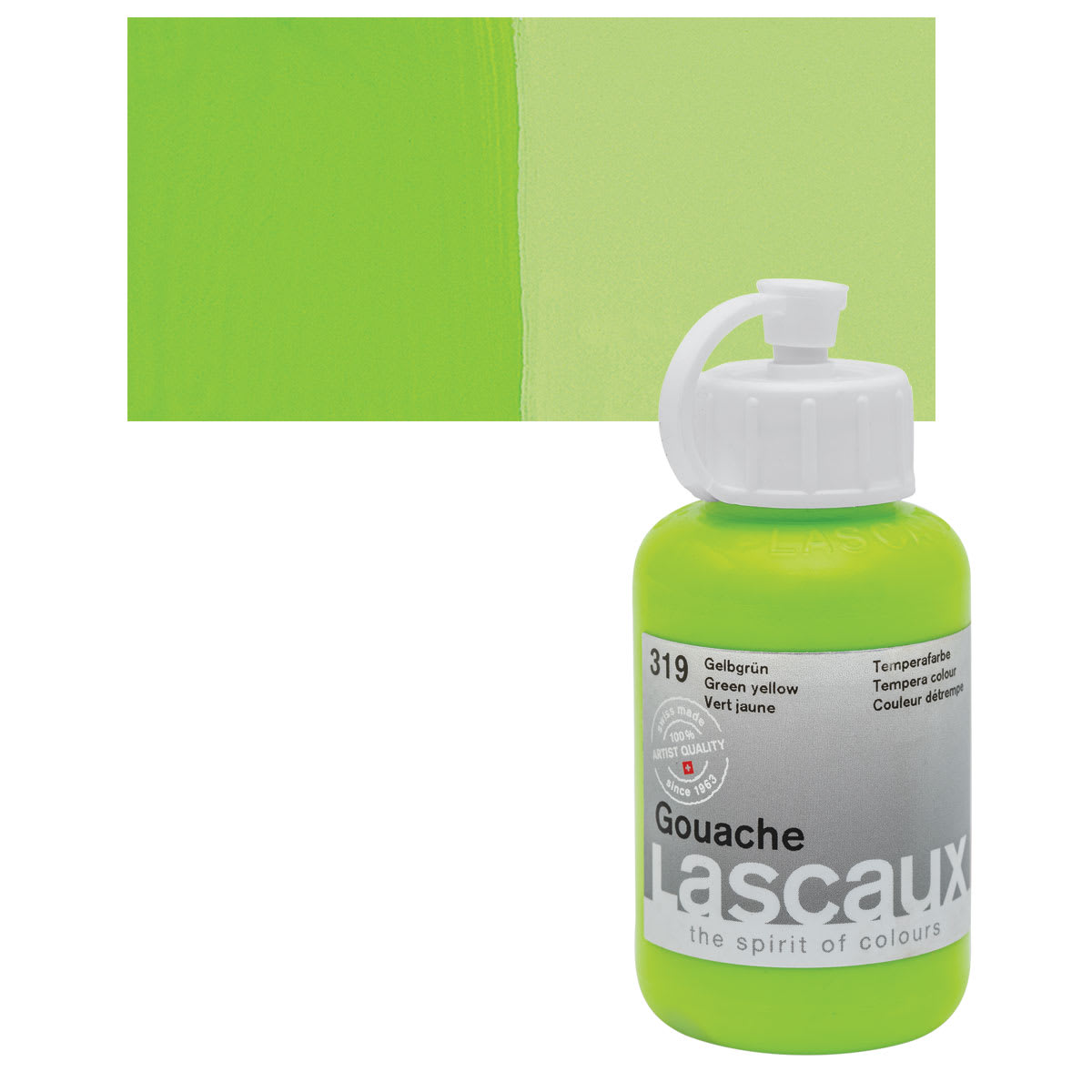 Lascaux Acrylic Gouache - Green Yellow, 85 ml bottle and swatch