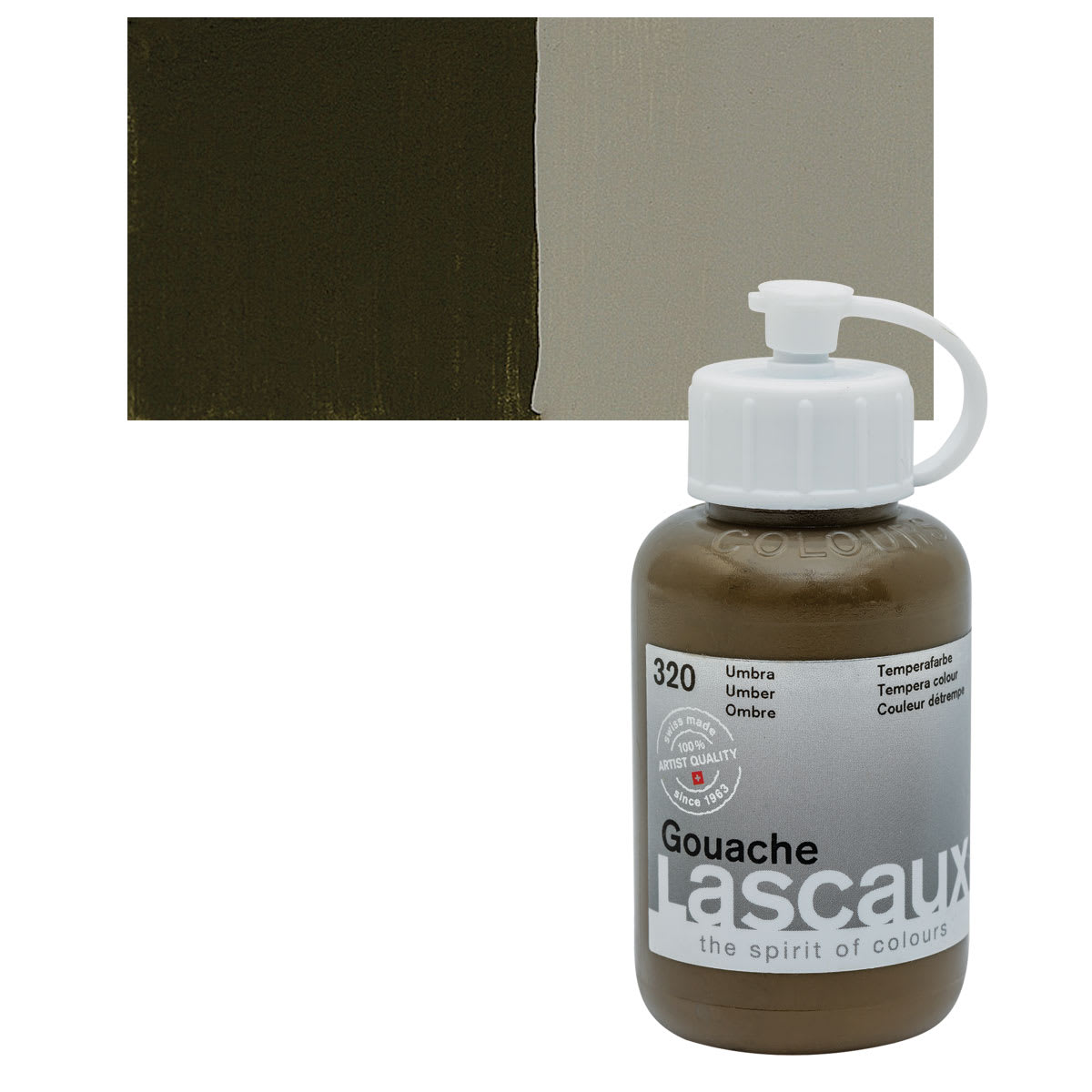Lascaux Acrylic Gouache - Raw Umber, 85 ml bottle and swatch
