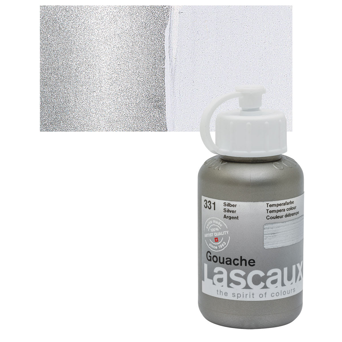 Lascaux Acrylic Gouache - Silver, 85 ml bottle and swatch