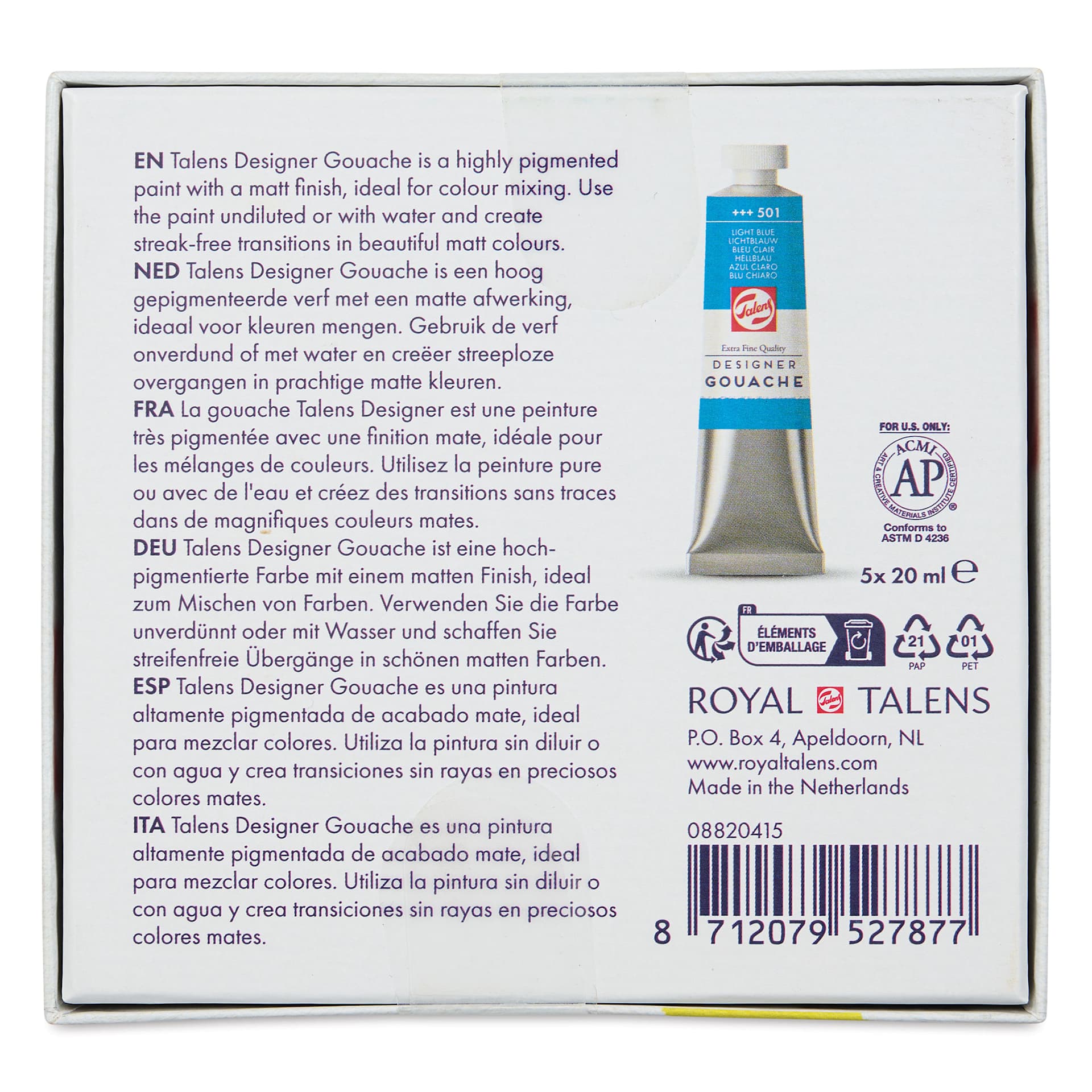 Royal Talens Gouache - Mixing Set of 5, 20 ml tubes back of package