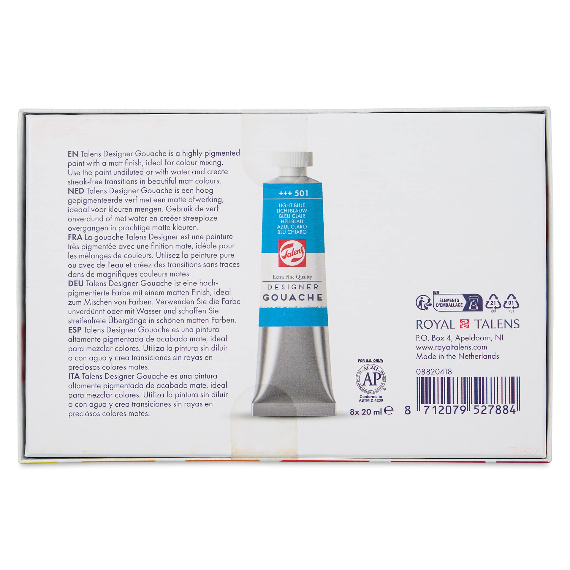 Royal Talens Gouache - Mixing Set of 8, 20 ml tubes back of package