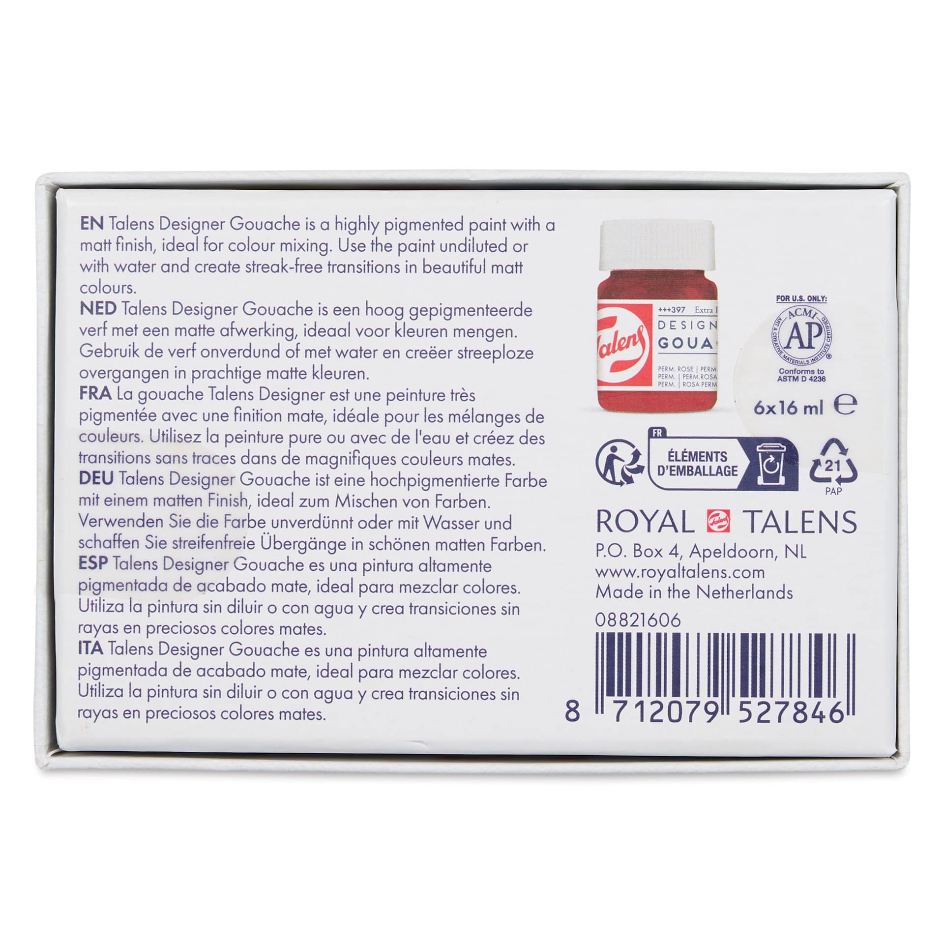 Royal Talens Gouache - Primary Set of 6, 16 ml bottles back of package
