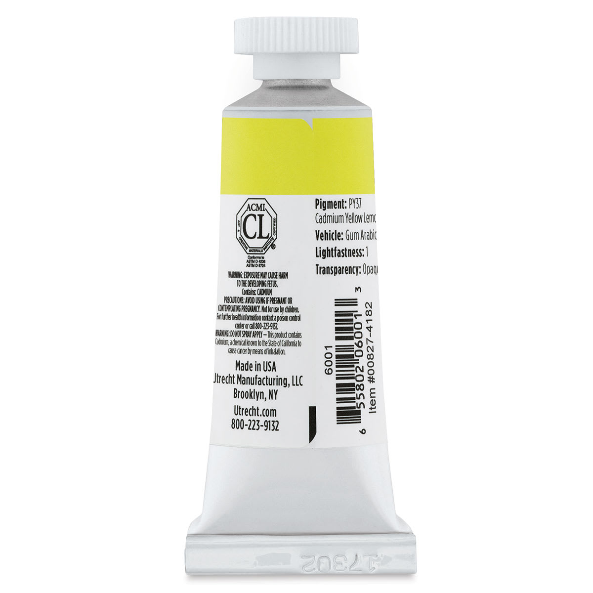 Utrecht Artists' Gouache - Cadmium Lemon, 14 ml, Tube (Back)
