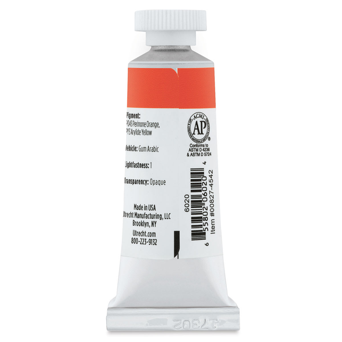 Utrecht Artists' Gouache - Cadmium Orange Hue, 14 ml, Tube (Back)