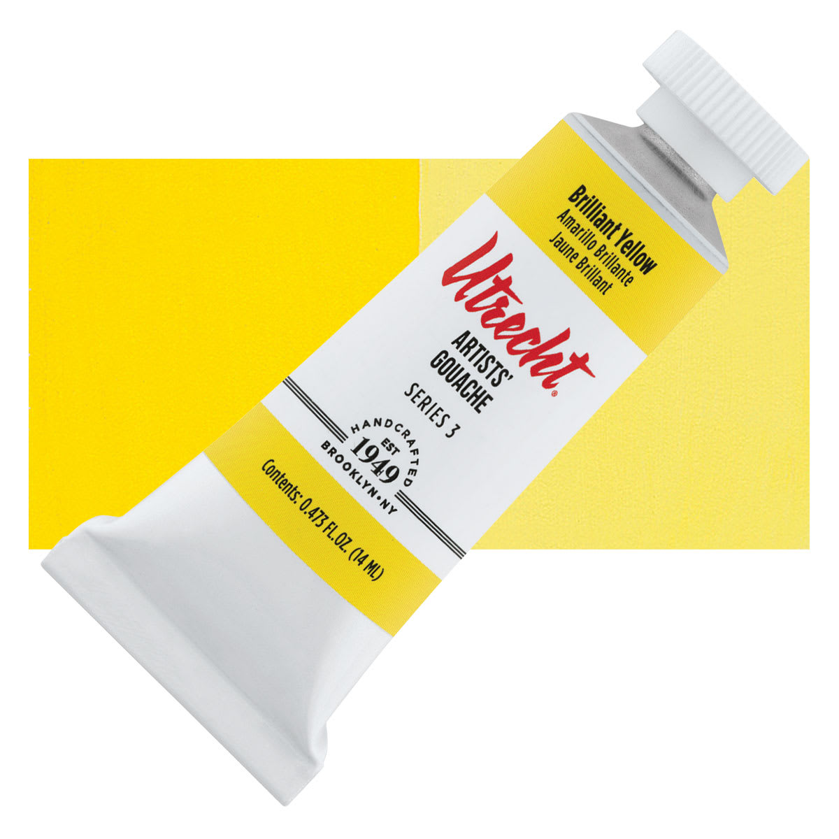 Utrecht Artists' Gouache - Brilliant Yellow, 14 ml tube and swatch
