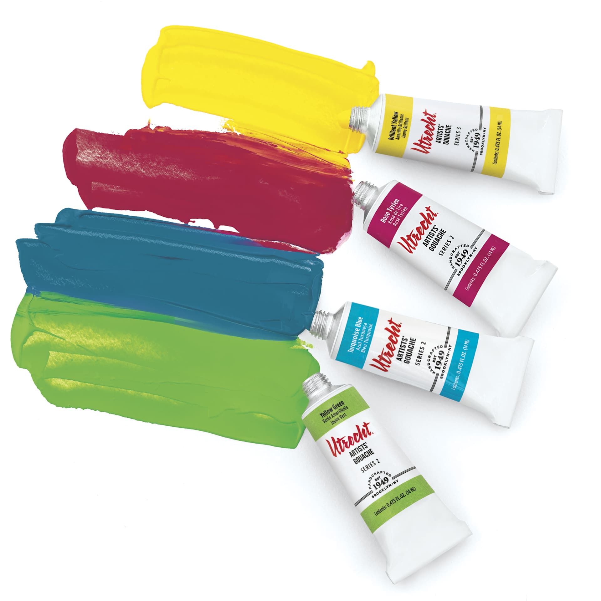 Utrecht Artists' Gouache Paints, tubes next to swatches