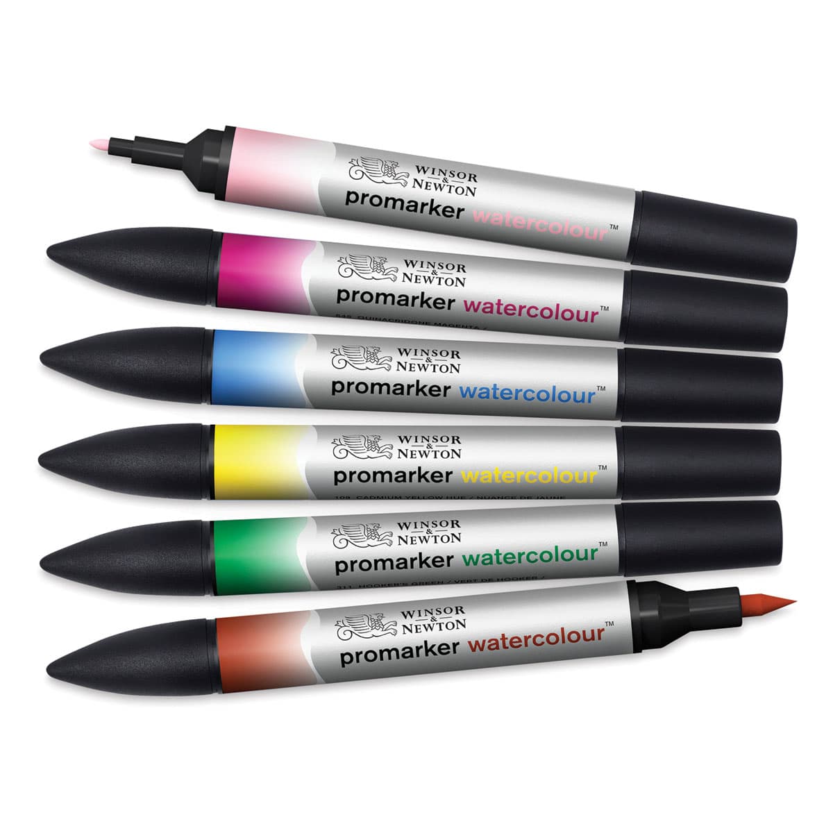 Promarker Watercolor Marker Sets - 6 pc set of Floral colors shown horizontally with two caps removed