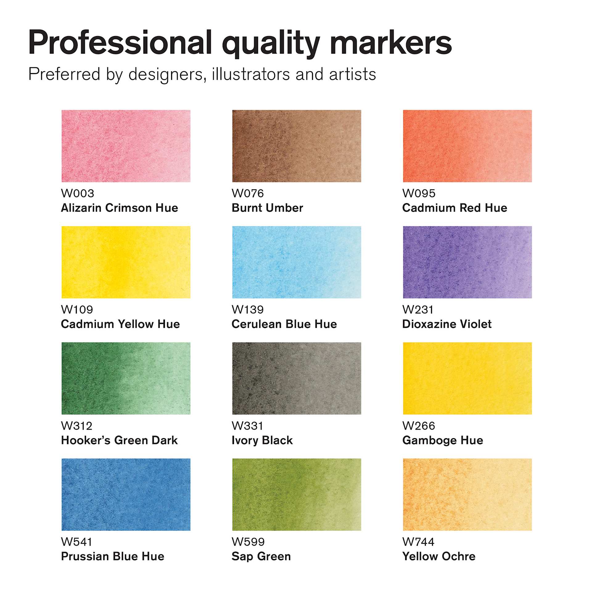 Winsor & Newton Promarker Watercolor Markers - Basic Colors, Set of 12, color swatches