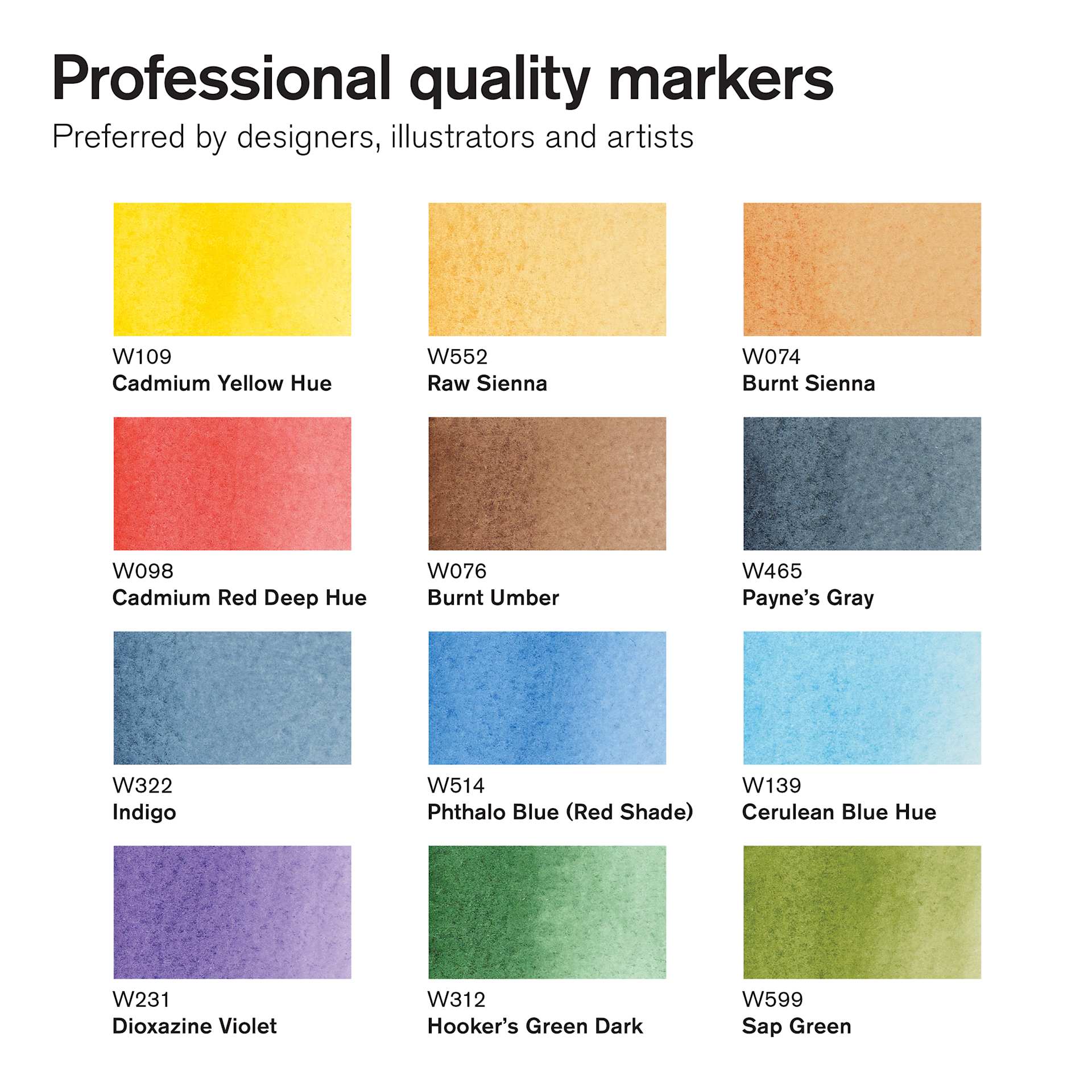Winsor & Newton Promarker Watercolor Markers - Landscape Colors, Set of 12, color swatches