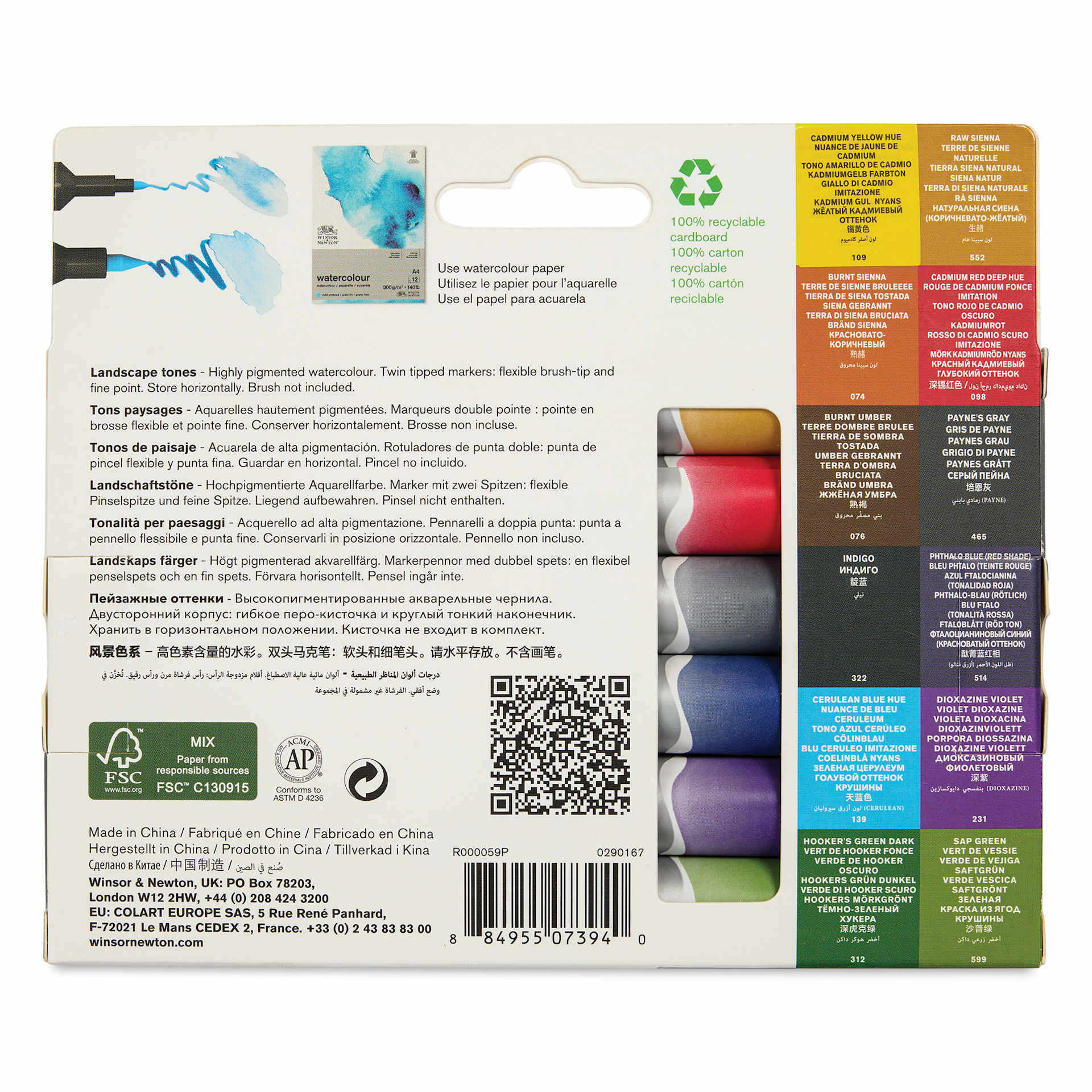 Winsor & Newton Promarker Watercolor Markers - Landscape Colors, Set of 12, back of the packaging