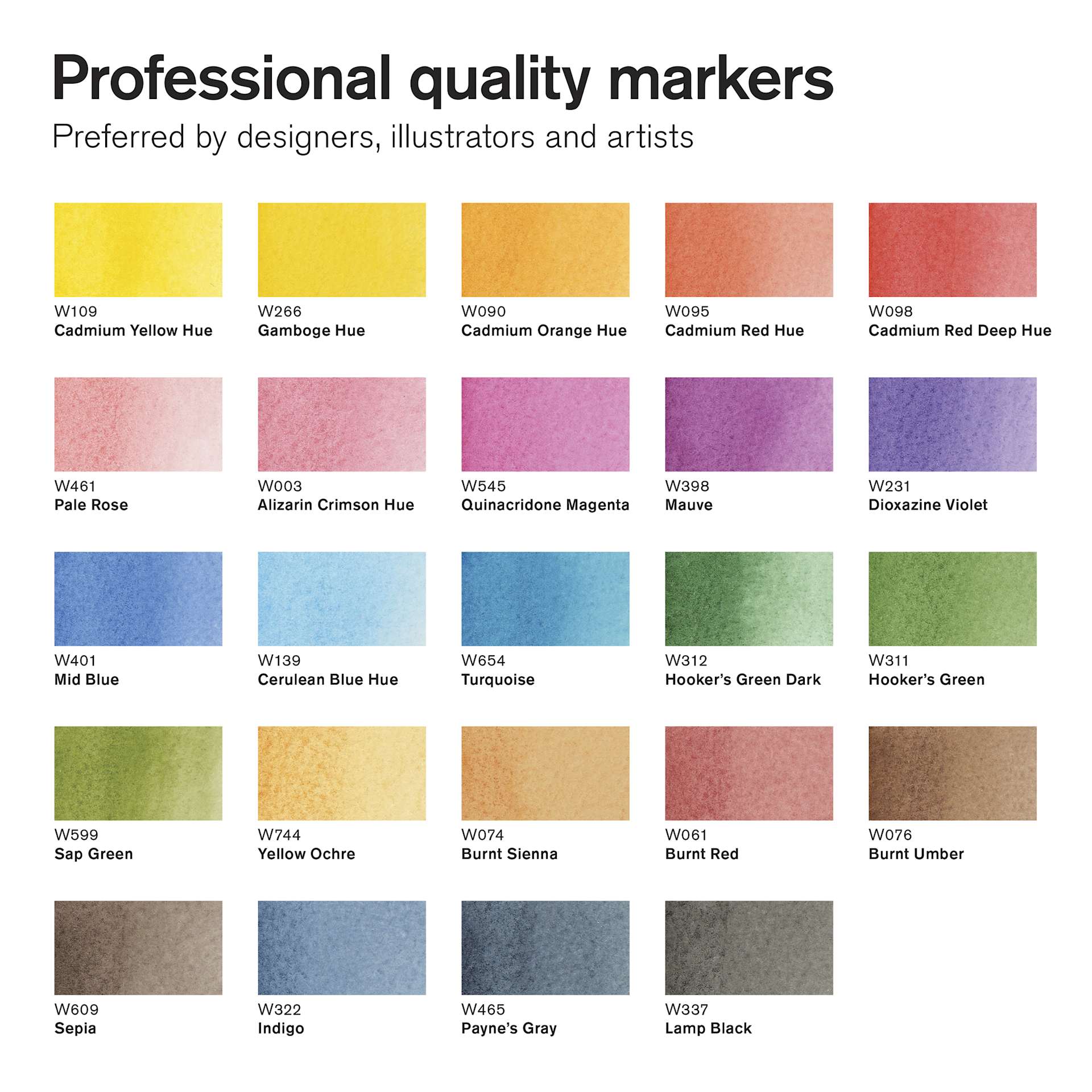 Winsor & Newton Promarker Watercolor Markers - Basic Colors, Set of 24, color swatches