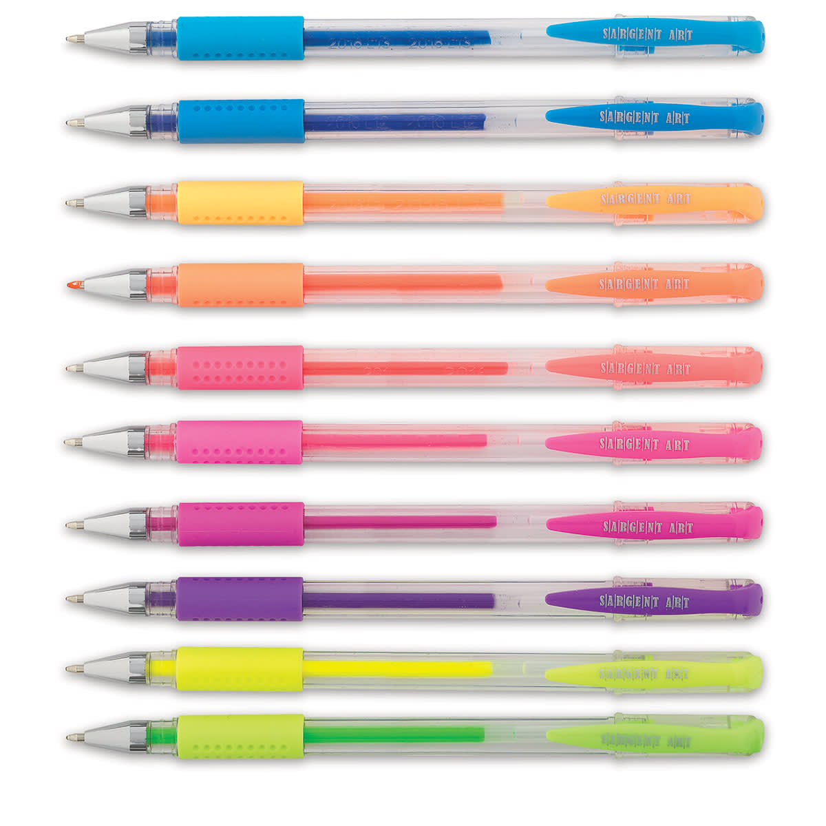 Sargent Art Gel Pens - 10 Fluorescent Gel pens shown horizontally with caps removed Sargent Art Gel Pens - 10 Fluorescent Gel pens shown horizontally with caps removed