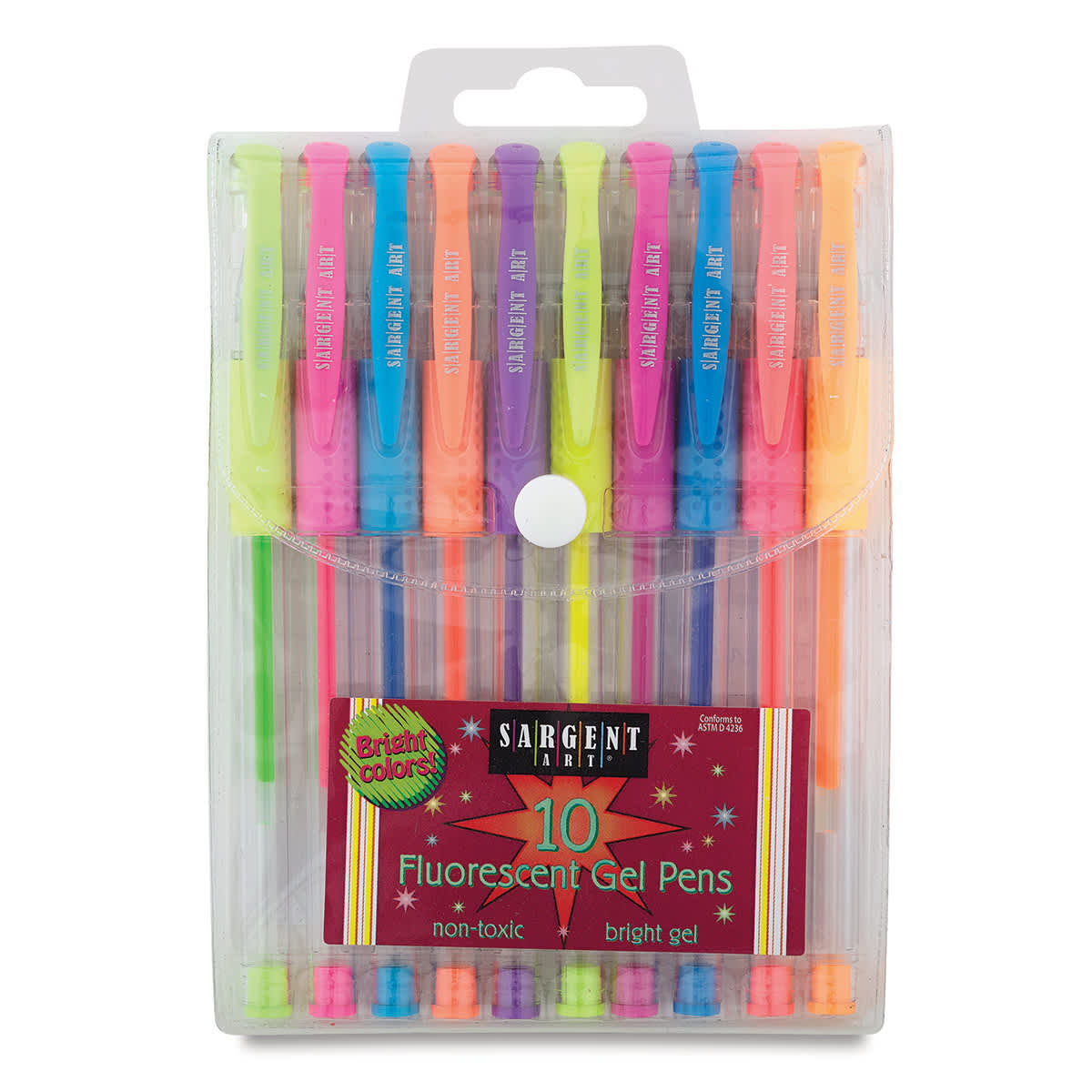 Sargent Art Gel Pens - Front of package of 10 pc Fluorescent Gel set showing reclosable pouch Sargent Art Gel Pens - Front of package of 10 pc Fluorescent Gel set showing reclosable pouch