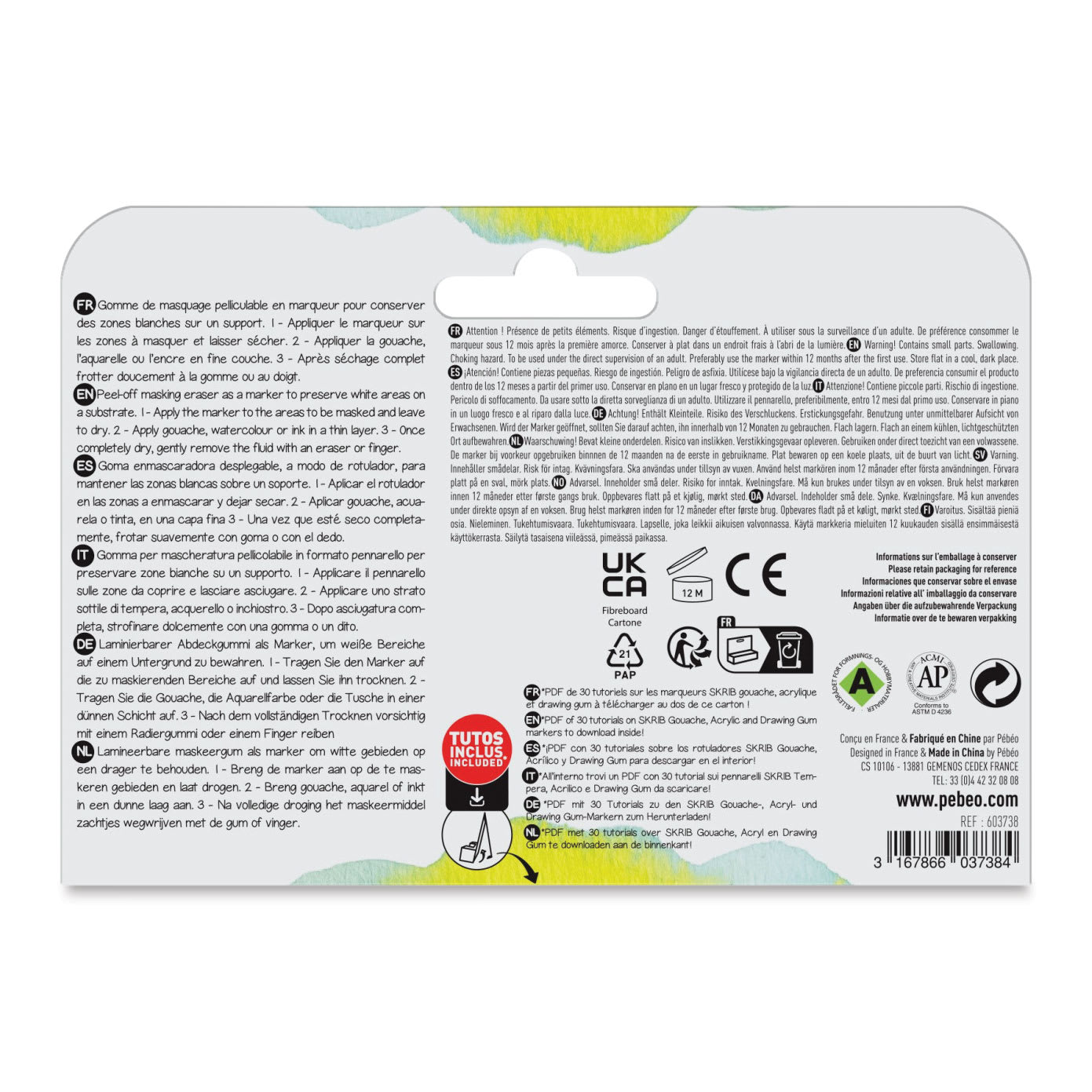 Back of the package for Pebeo Drawing Gum Marker for Kids.