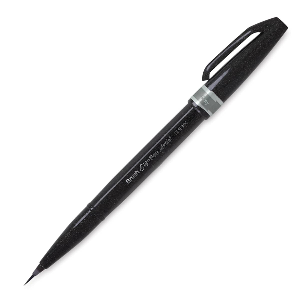 Pentel Arts Micro Brush Tip Sign Pens - Single Gray Pen shown uncapped at angle