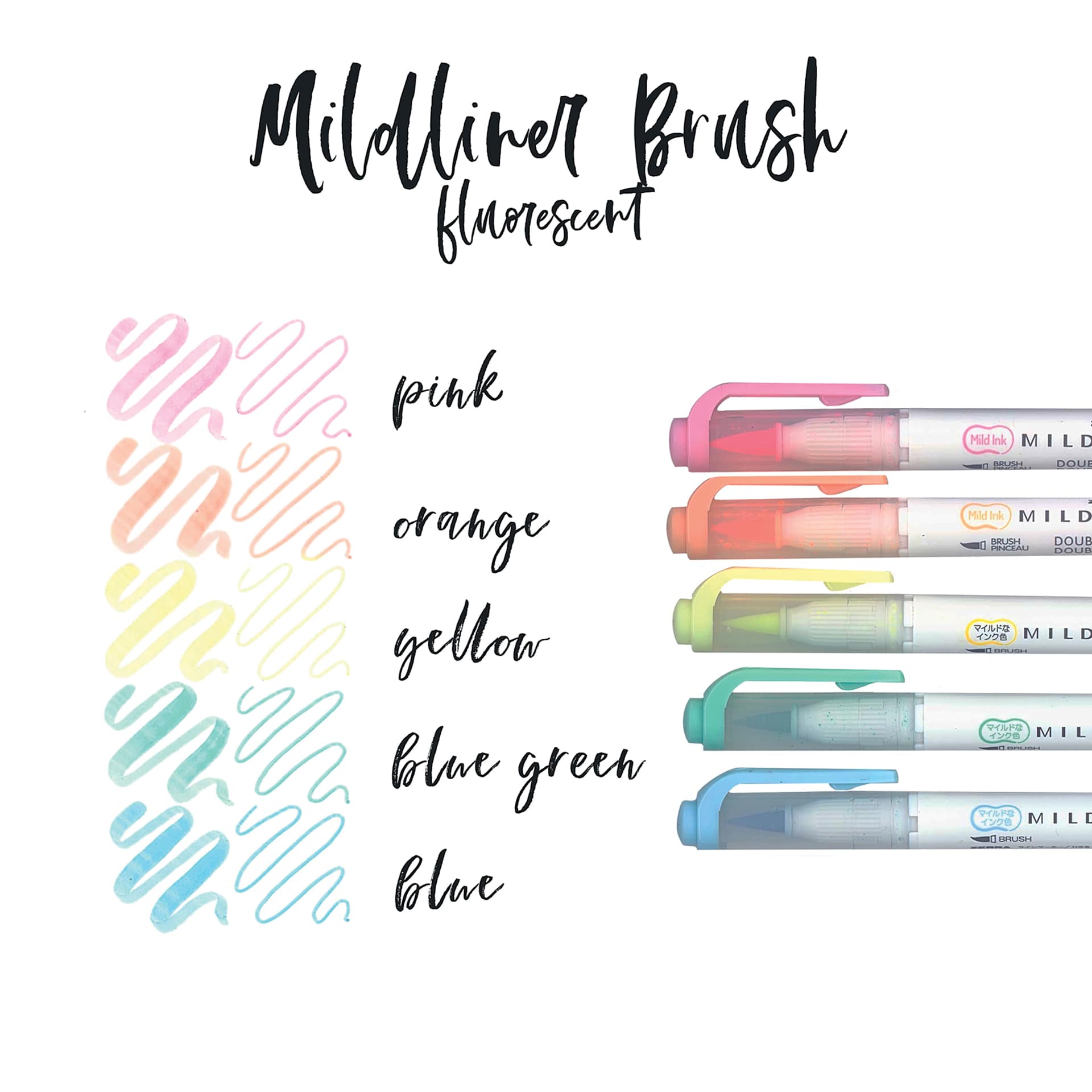 Zebra Mildliner Double Ended Brush Pens - Set of 5, Fluorescent Colors (pens with color swatches)