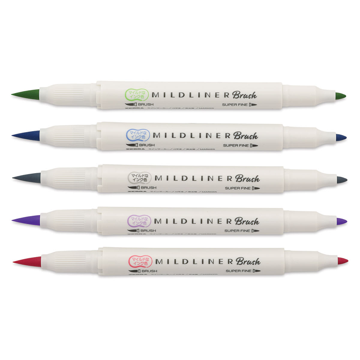 Zebra Mildliner Double Ended Brush Pens - Components of Set of 5 Cool and Refined Colors shown horizontally uncapped