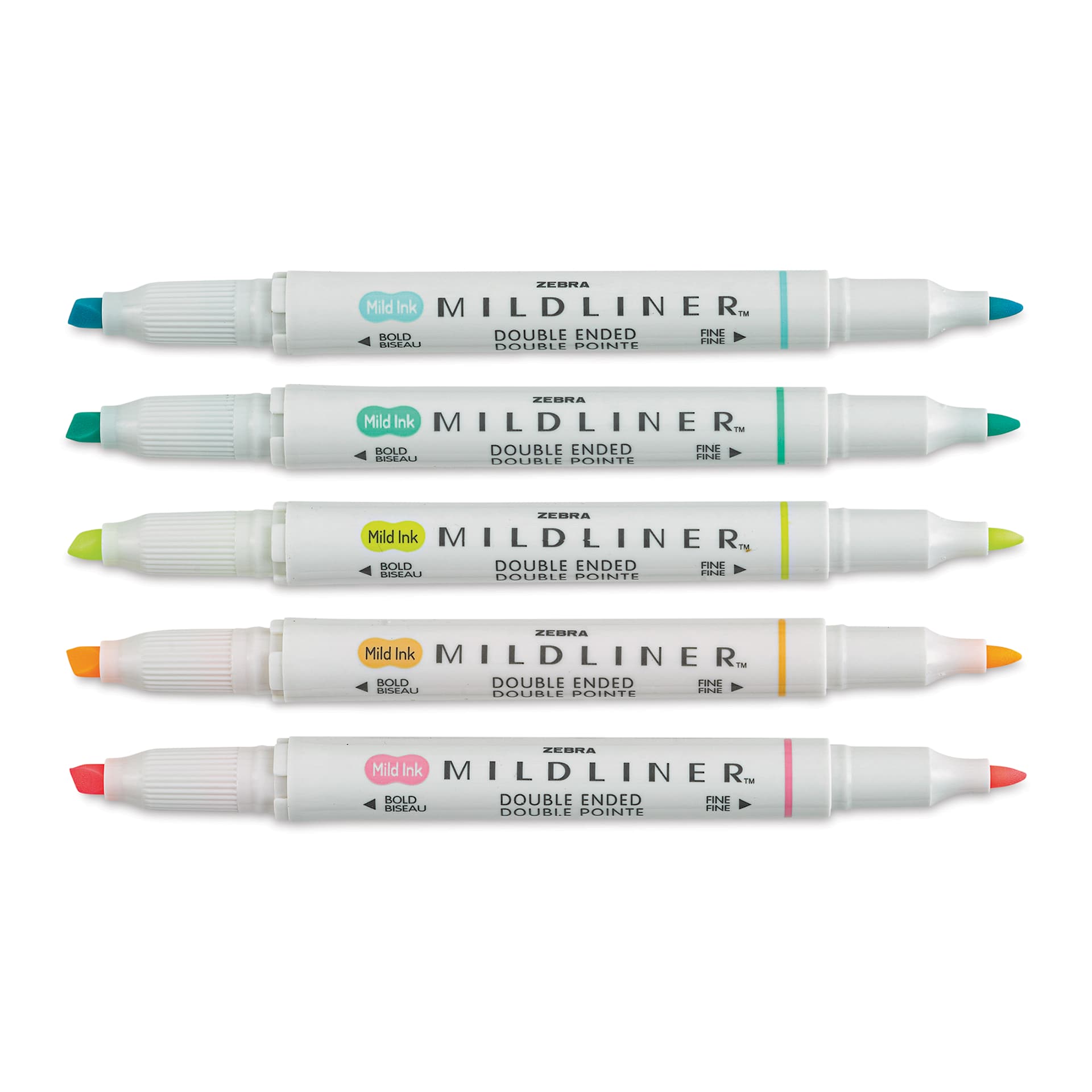 Zebra Mildliner Double Ended Creative Markers - Fluorescent Colors, Set of 5 (contents with caps off)