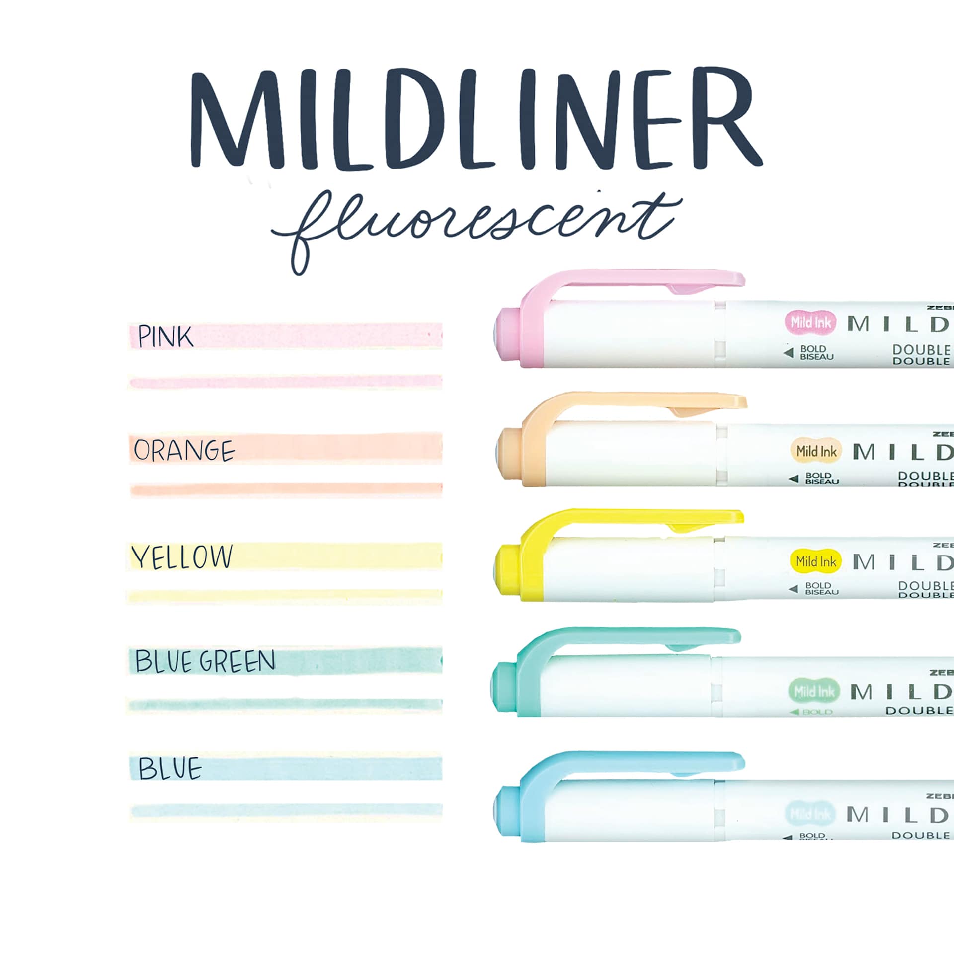 Zebra Mildliner Double Ended Creative Markers - Fluorescent Colors, Set of 5 (pens with color swatches)