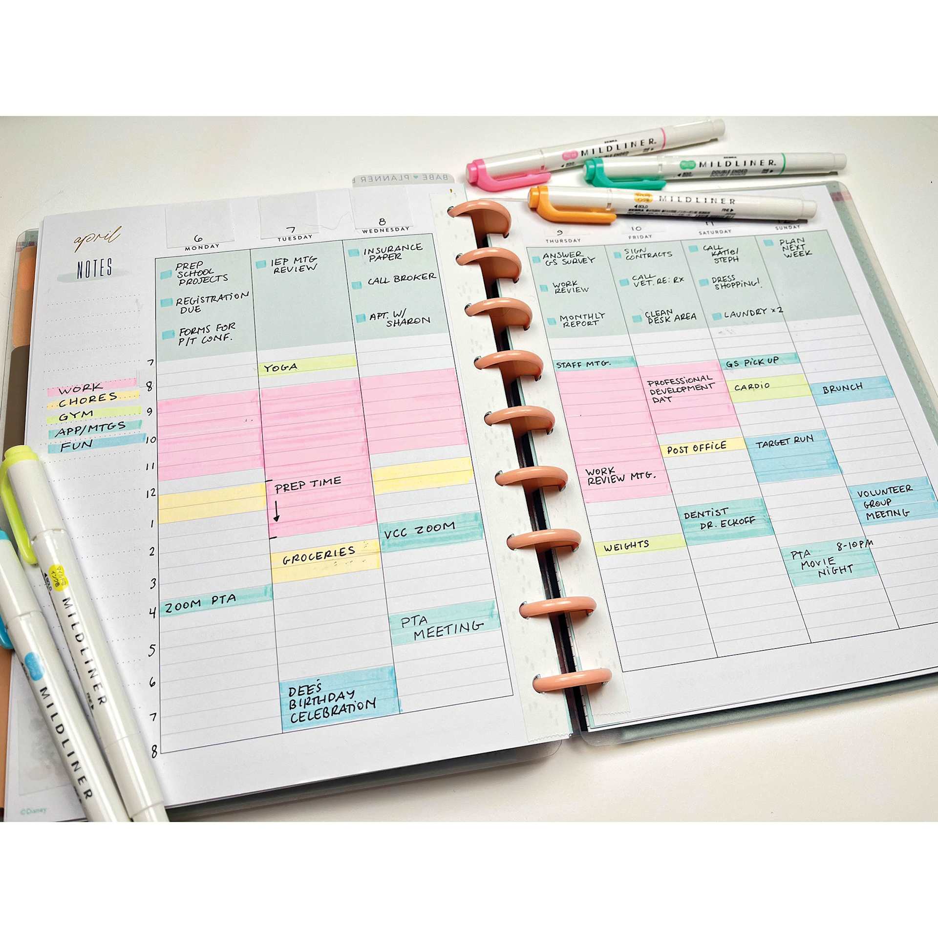 Mildliner Double Ended Creative Markers - 5 pc Set of Fluorescent Colors shown on Calendar
