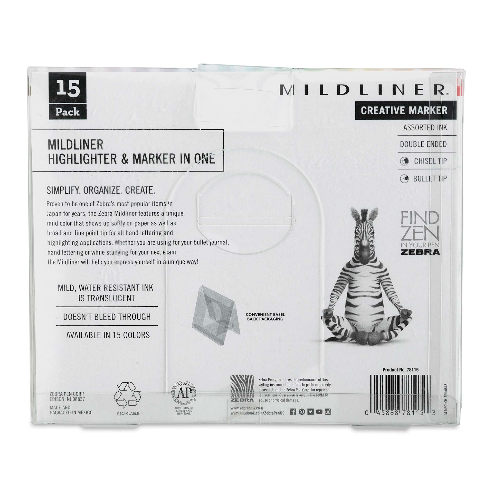 Zebra Mildliner Double Ended Creative Markers - Fluorescent, Cool, and Warm Colors, Set of 15 (back of package)