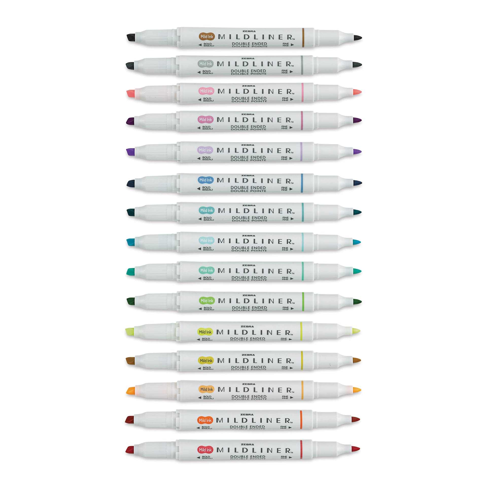 Zebra Mildliner Double Ended Creative Markers - Fluorescent, Cool, and Warm Colors, Set of 15 (contents with caps off)