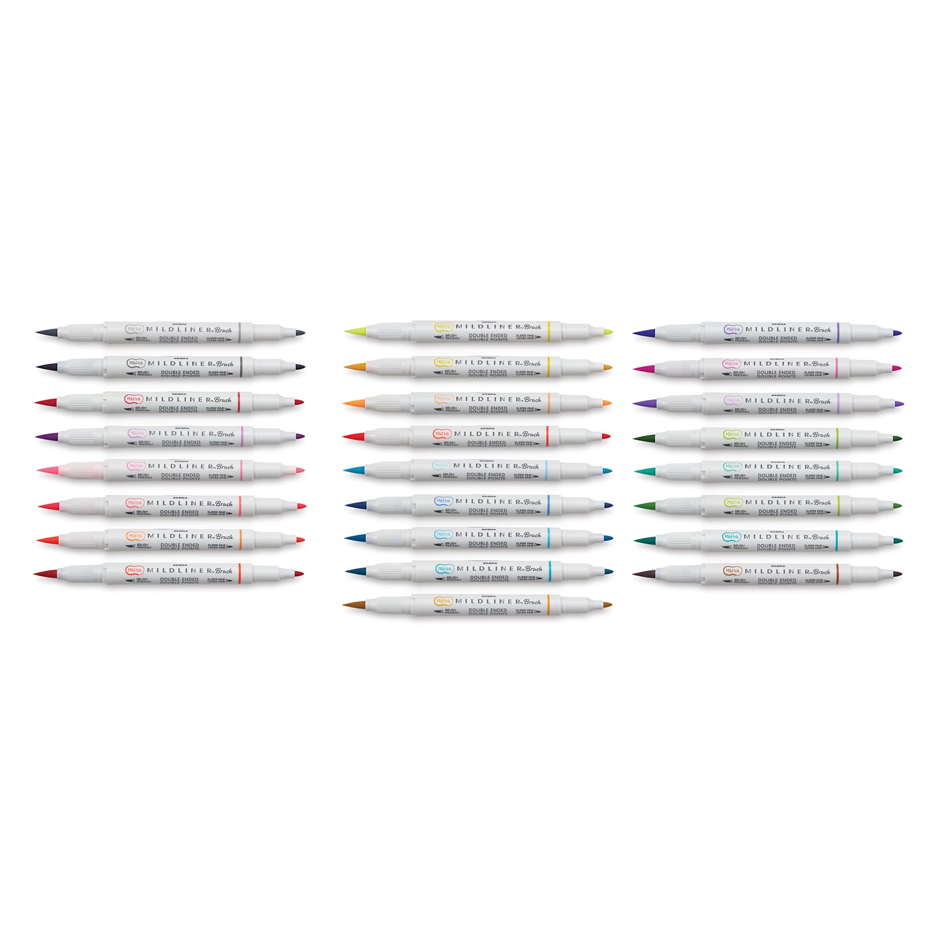 Zebra Mildliner Double Ended Brush Pens - Set of 25, Assorted Colors, pens laid out