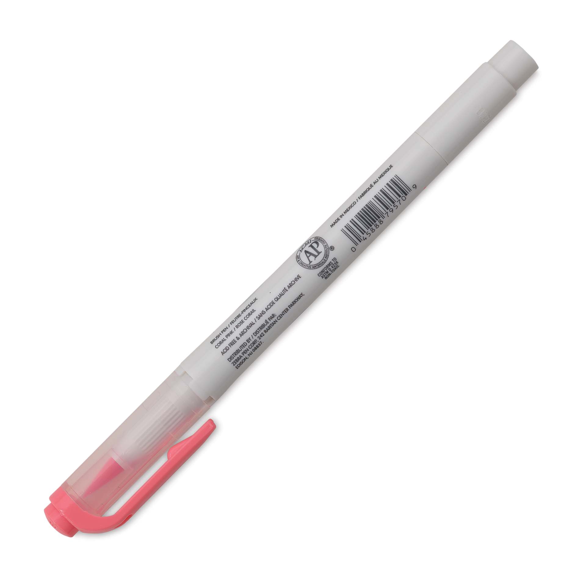 Zebra Mildliner Double Ended Brush Pen - Coral Pink, caps on showing side of pen barrel