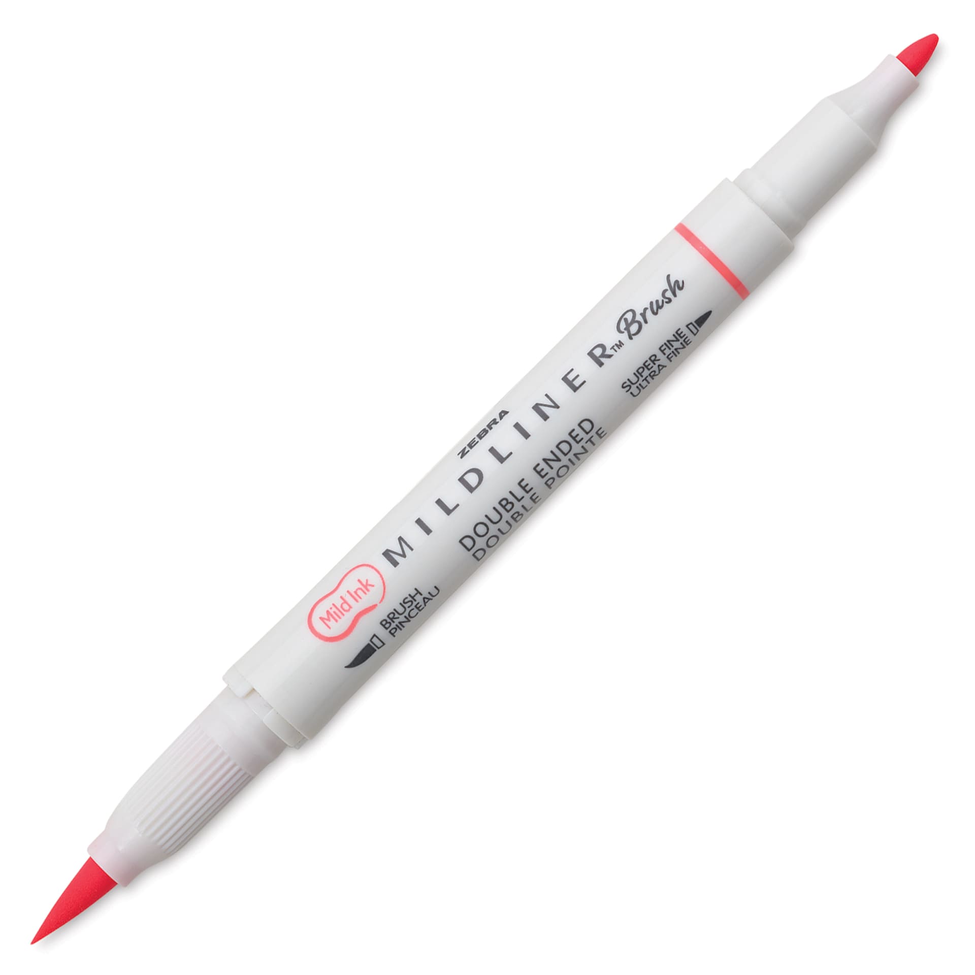 Zebra Mildliner Double Ended Brush Pen - Coral Pink, caps off